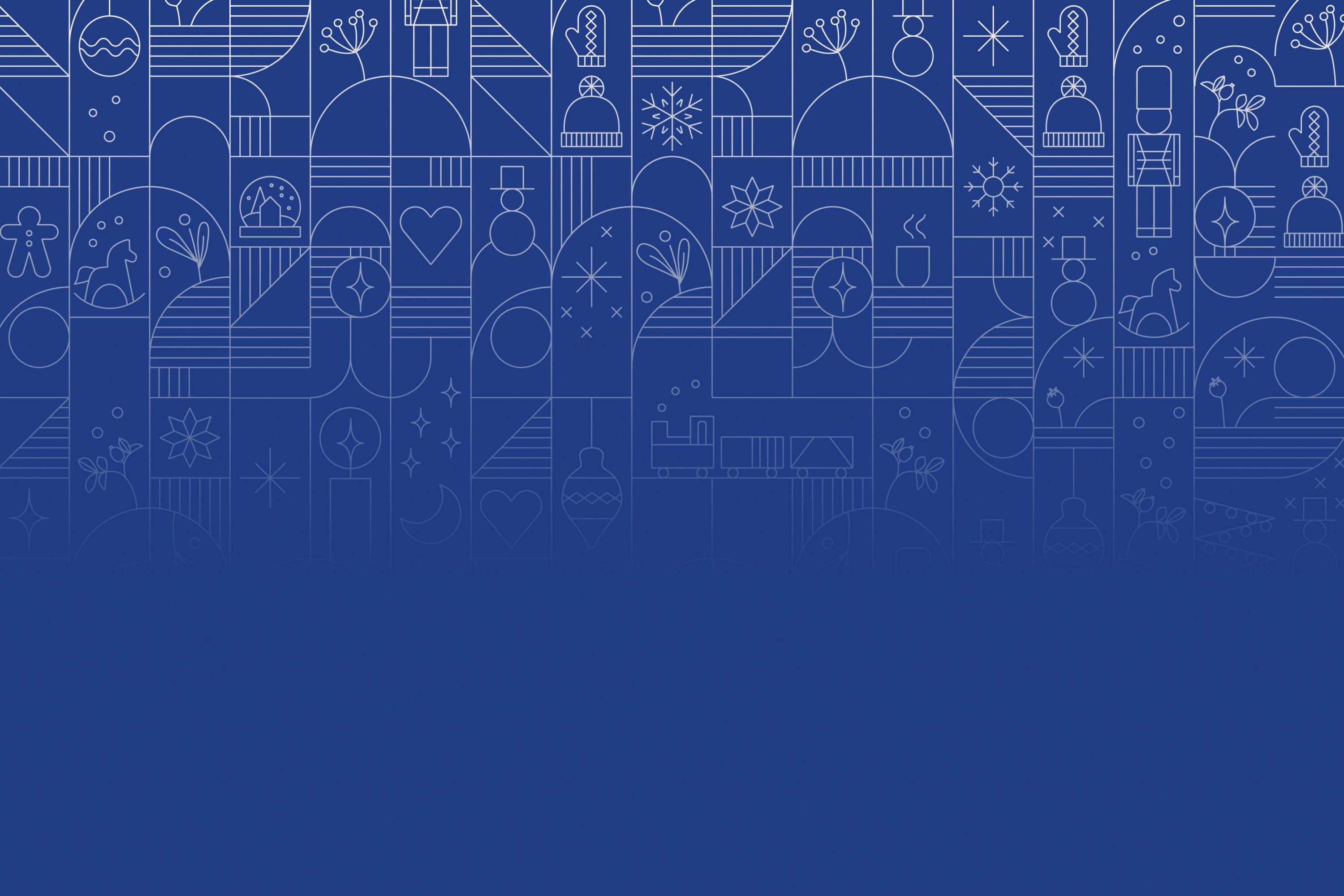 Blauer Hintergrund mit weißen Linienzeichnungen von geometrischen Formen, Schneeflocken, Herzen, Sternen und weihnachtlichen Motiven wie Lebkuchenmännern, Schneemännern und Nussknackern