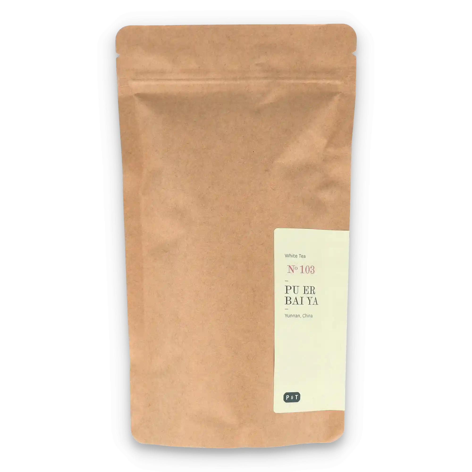 Teebeutel aus Kraftpapier mit Etikett 'White Tea No 103 PU ER BAI YA Yunnan, China P & T', natürliches Design