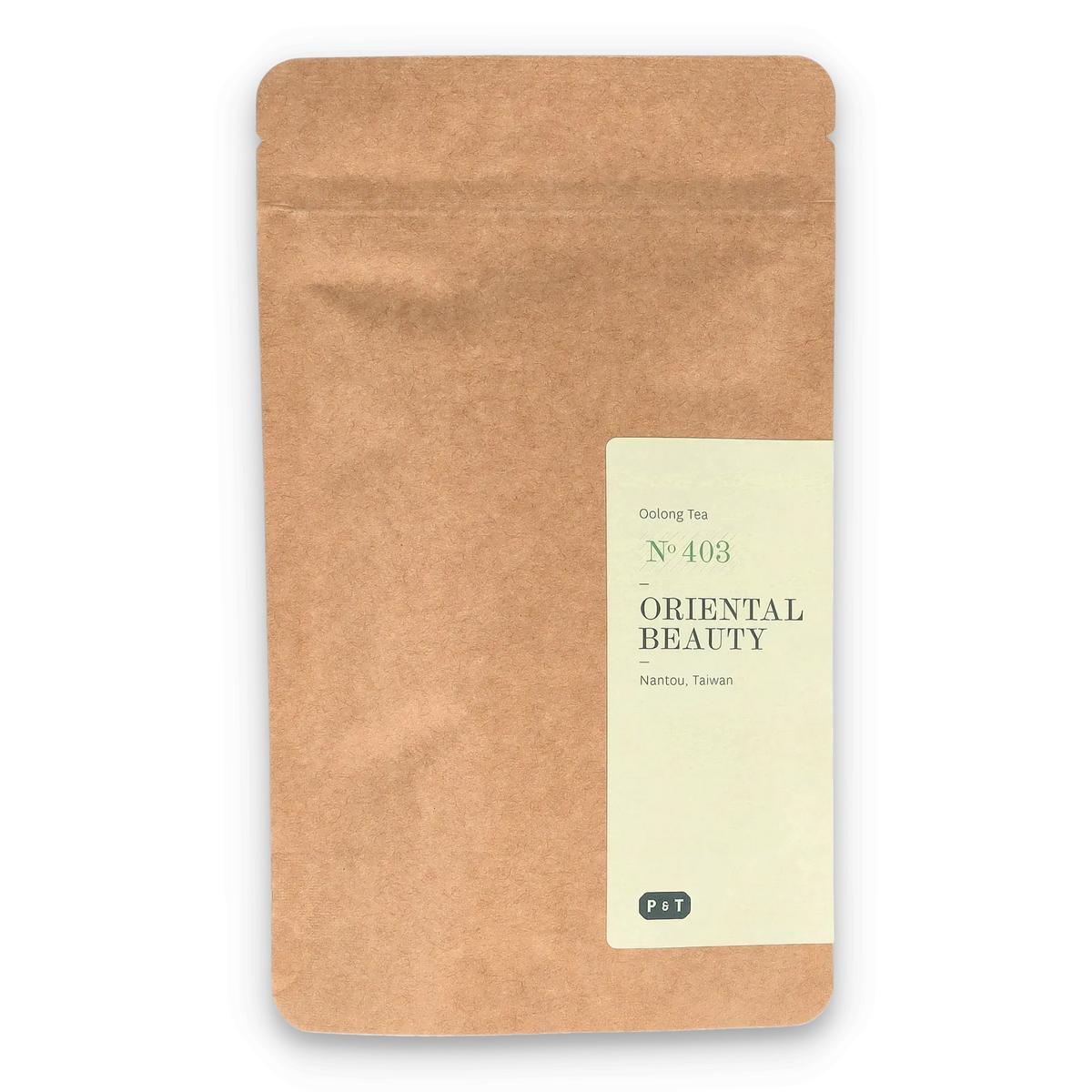 Kraftpapierverpackung mit Etikett für Oolong Tee No 403 Oriental Beauty aus Nantou, Taiwan, von P & T