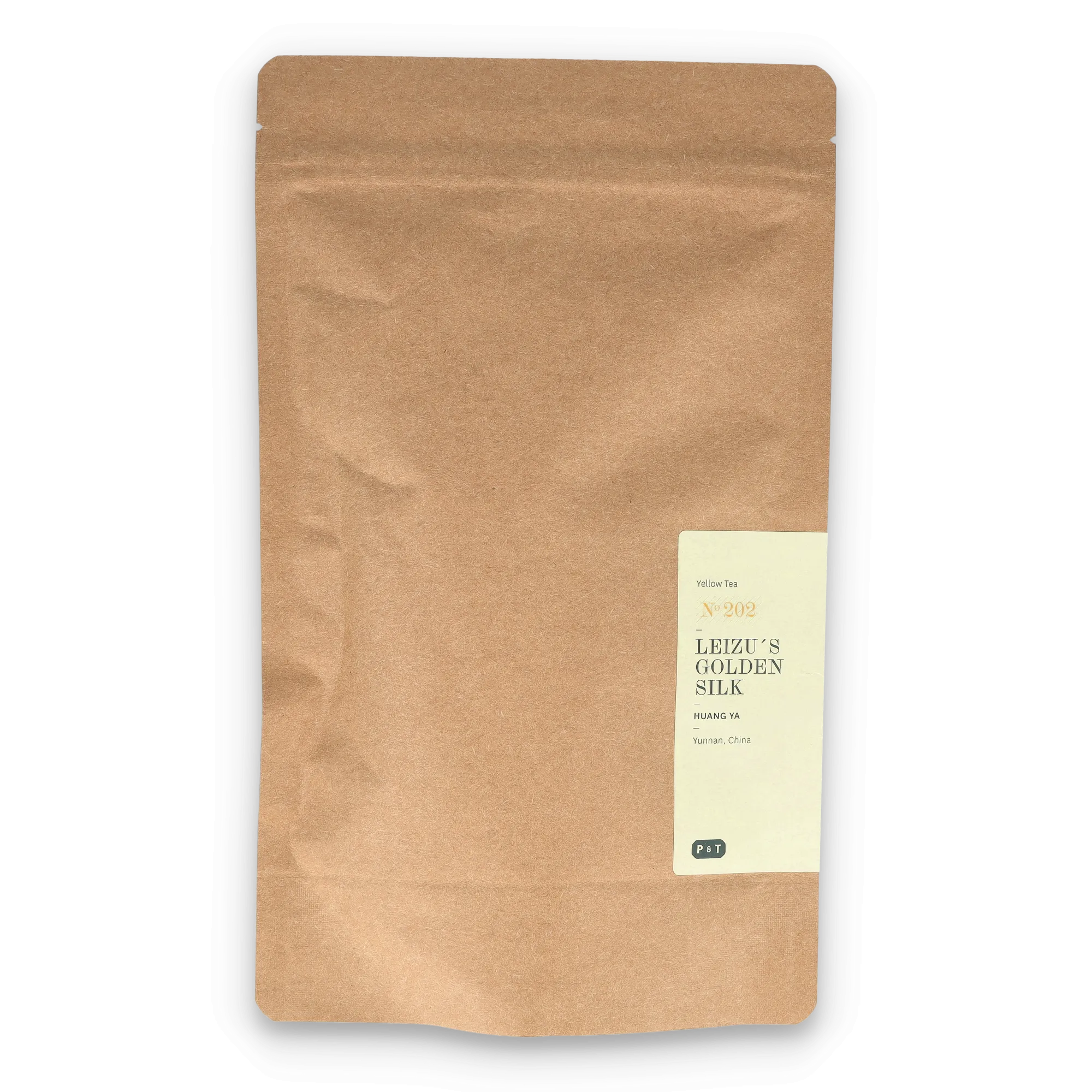 Braune Kraftpapiertüte mit cremefarbenem Etikett, gelber Tee 'Leizu's Golden Silk', Yunnan, China.