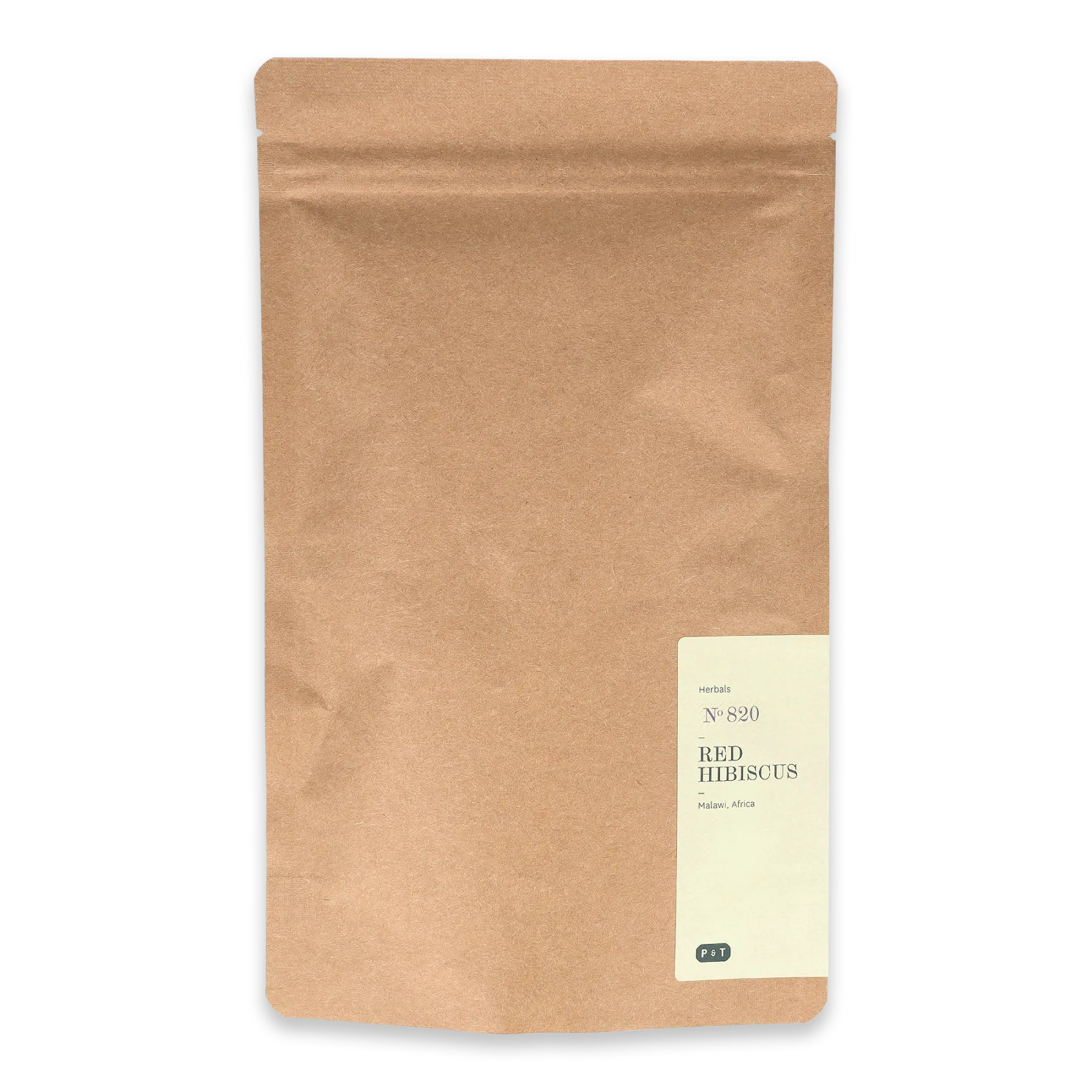 Kraftpapiertüte mit wiederverschließbarem Verschluss, cremefarbenes Etikett für Red Hibiscus Tee aus Malawi