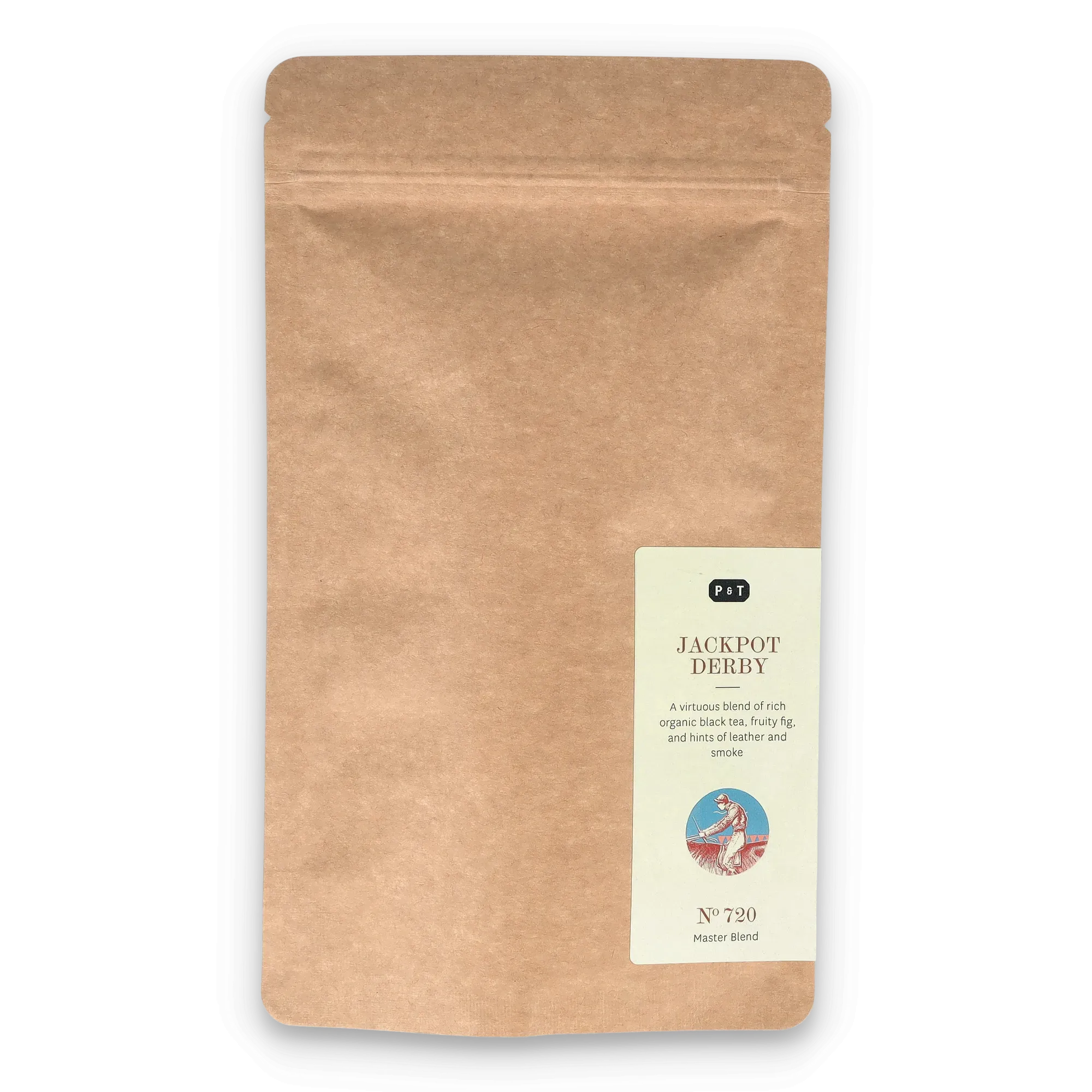 Braune Papierverpackung mit Etikett für P & T Jackpot Derby-Teemischung.