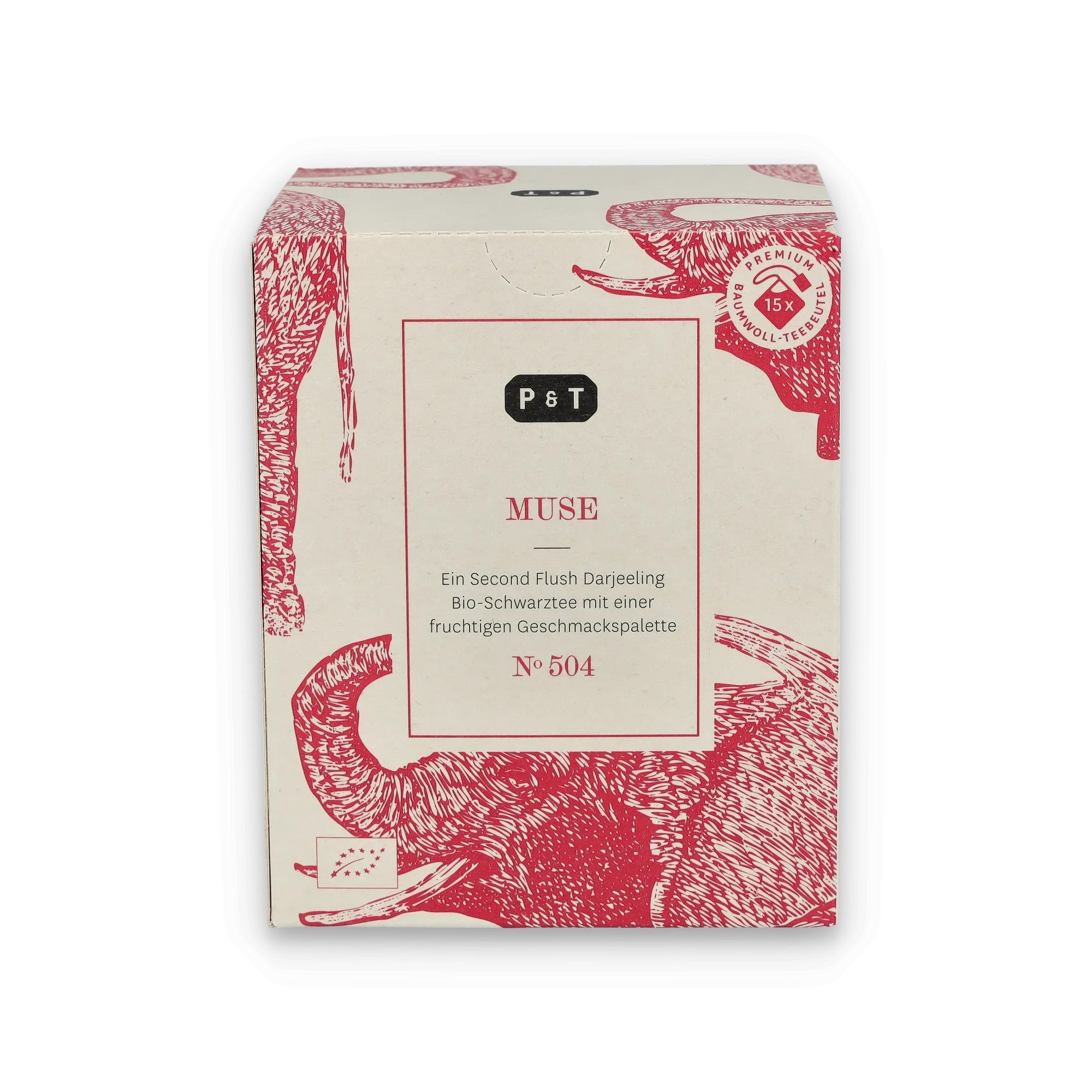 Beige Teebox mit roten Elefanten, P & T MUSE Schriftzug, 15 Premium-Baumwoll-Teebeutel enthalten.