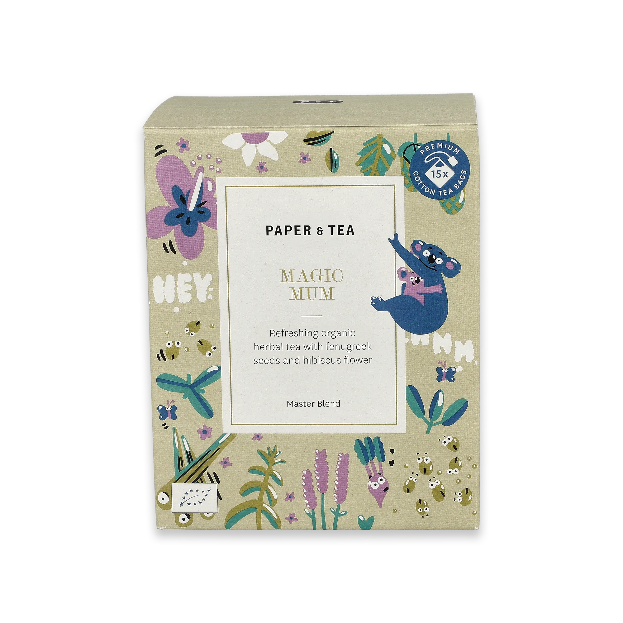 Verpackung der Premium-Kräutertee-Mischung 'Magic Mum' von Paper & Tea mit Bio-Baumwoll-Teebeuteln und Koala-Illustration.