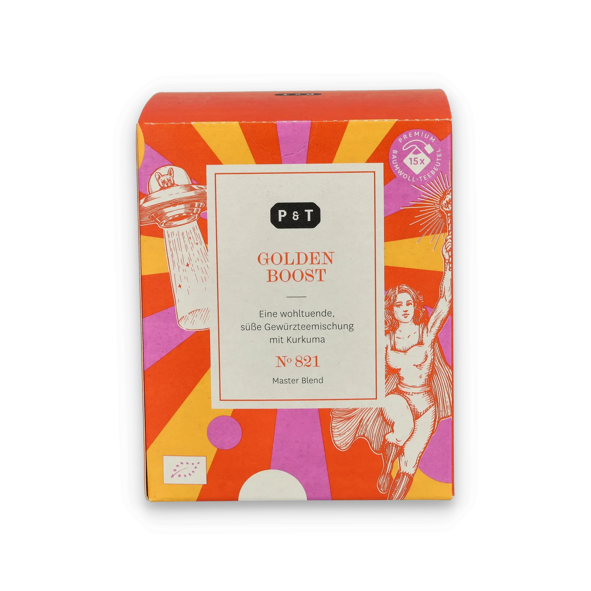 Bunte Verpackung von P & T Golden Boost Gewürzteemischung, 15 Premium-Baumwoll-Teebeutel