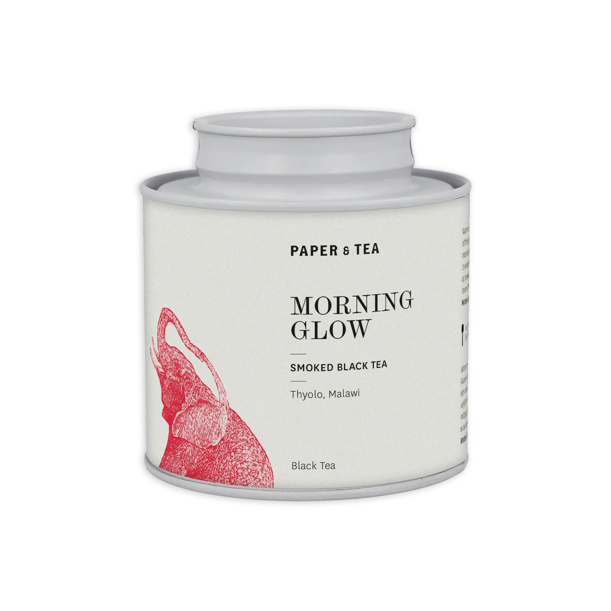 Weiße Teedose mit rotem Elefantenmotiv, Aufschrift "PAPER & TEA MORNING GLOW", schwarzer Tee aus Malawi
