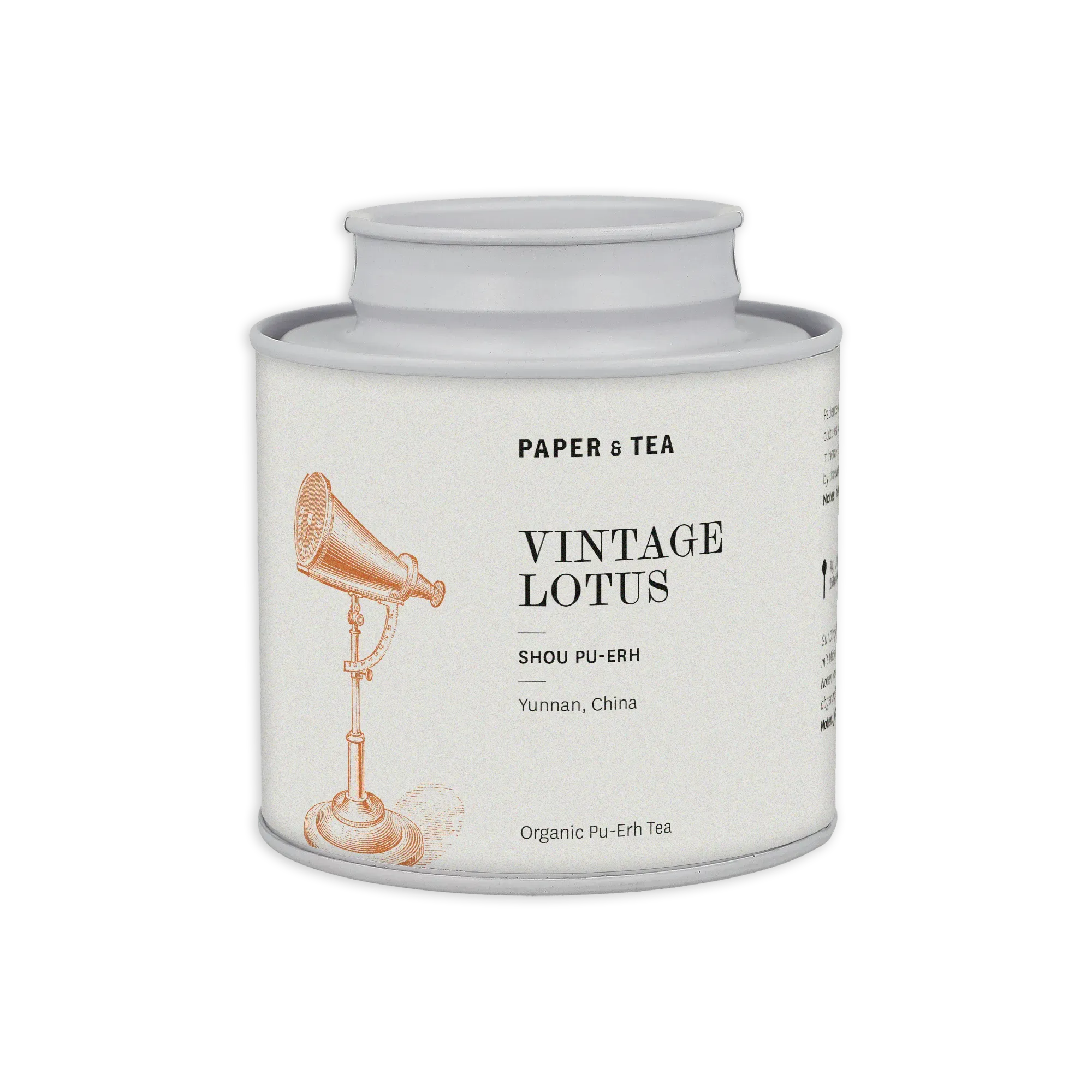 Weiße Teedose mit Messingfernrohr-Design, Pu-Erh Tee aus Yunnan, China, von PAPER & TEA