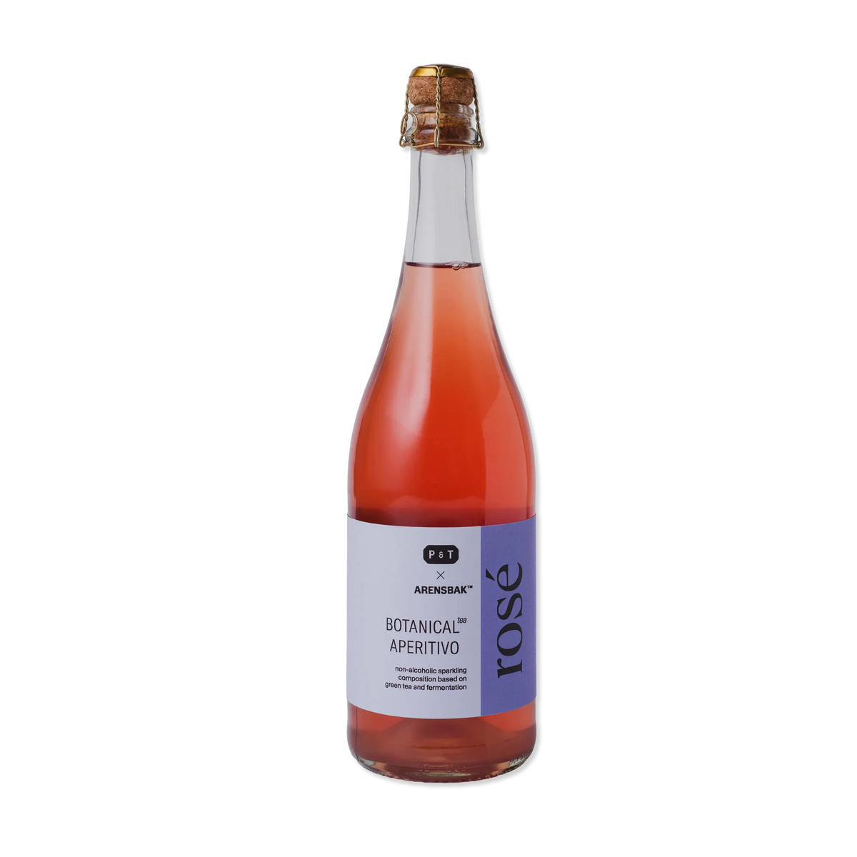 Elegante Flasche mit roséfarbenem, schaumigem, alkoholfreiem Aperitif aus grünem Tee, Marke P&T Arensbak™