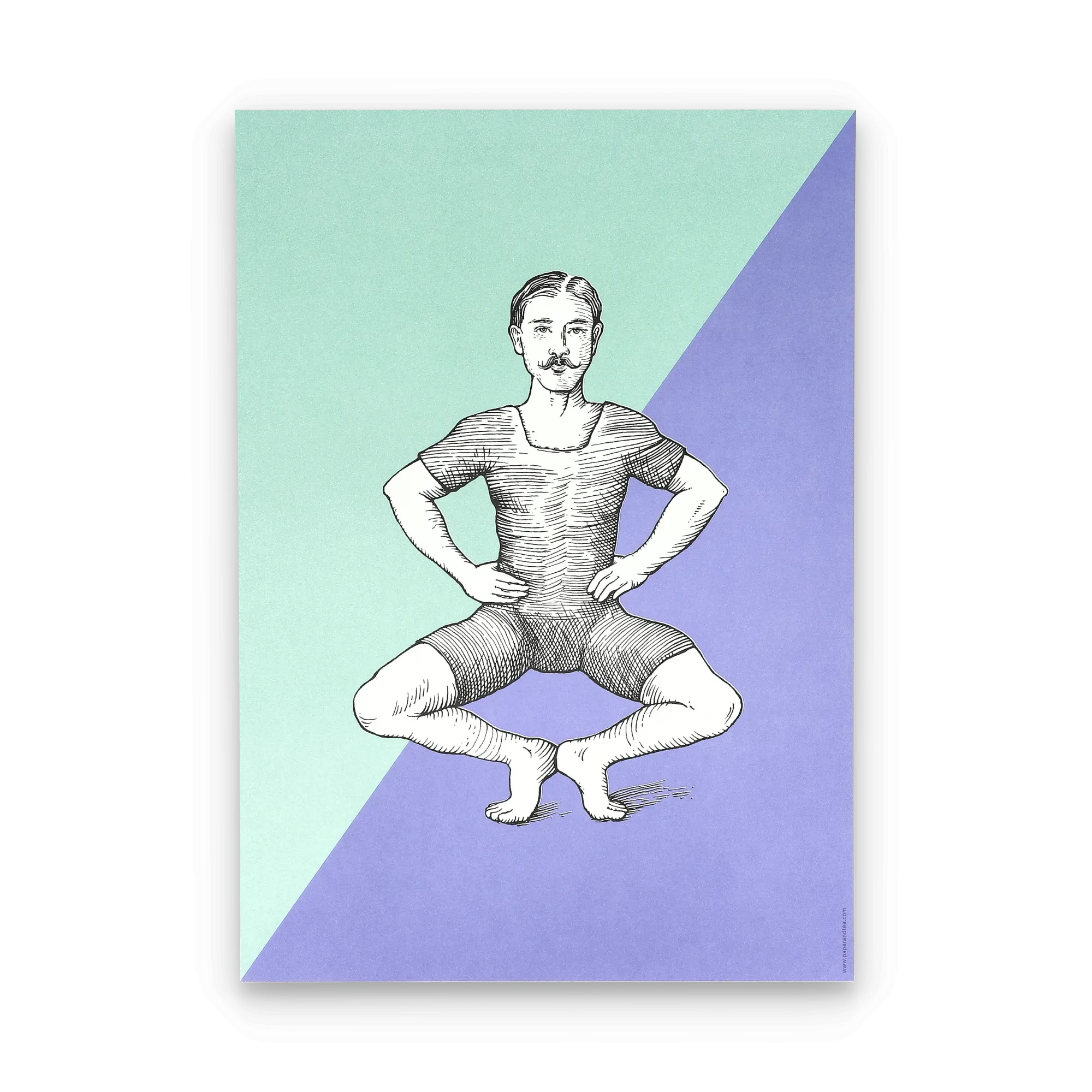 Vintage-Illustration eines Mannes im altmodischen Badeanzug vor mintgrün-lila Hintergrund.