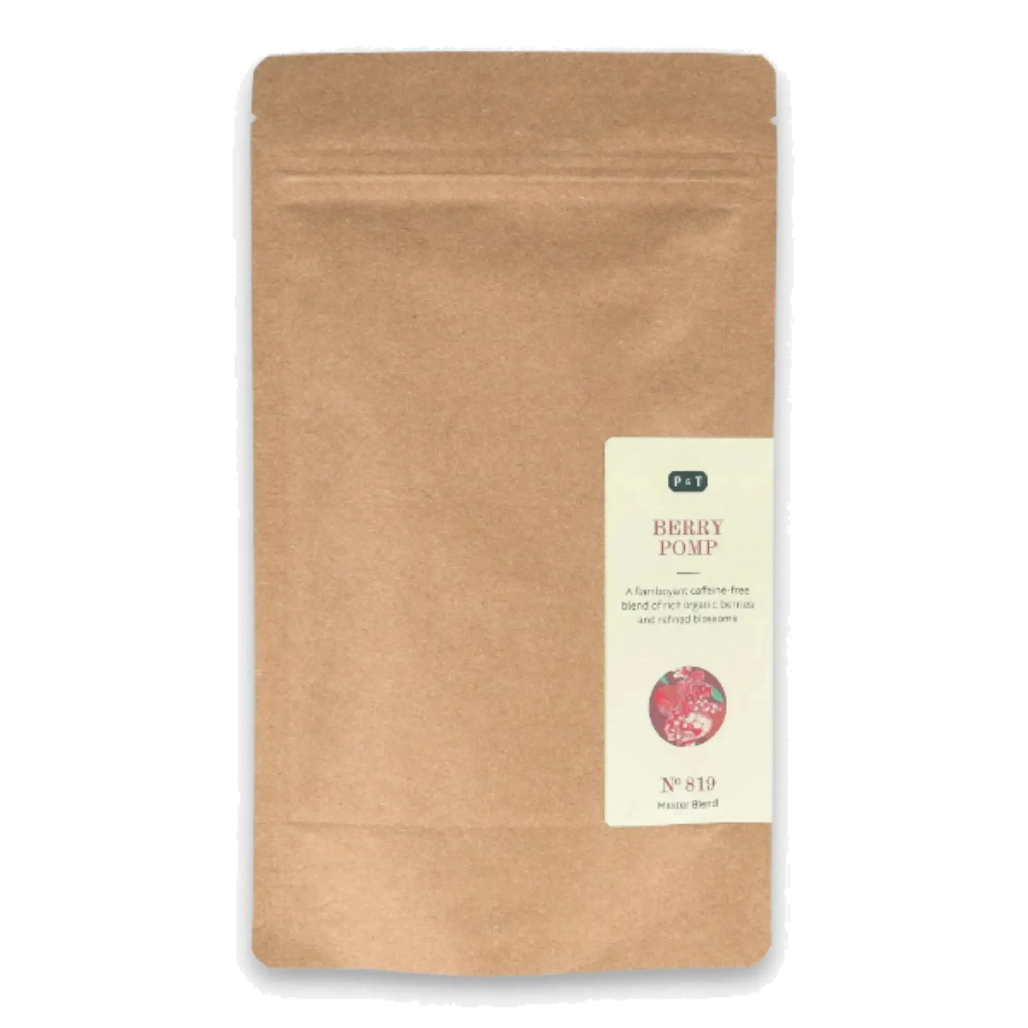 Braune Kraftpapiertüte mit wiederverschließbarem Verschluss, P & T Logo, BERRY POMP Etikett und Beerenillustration.