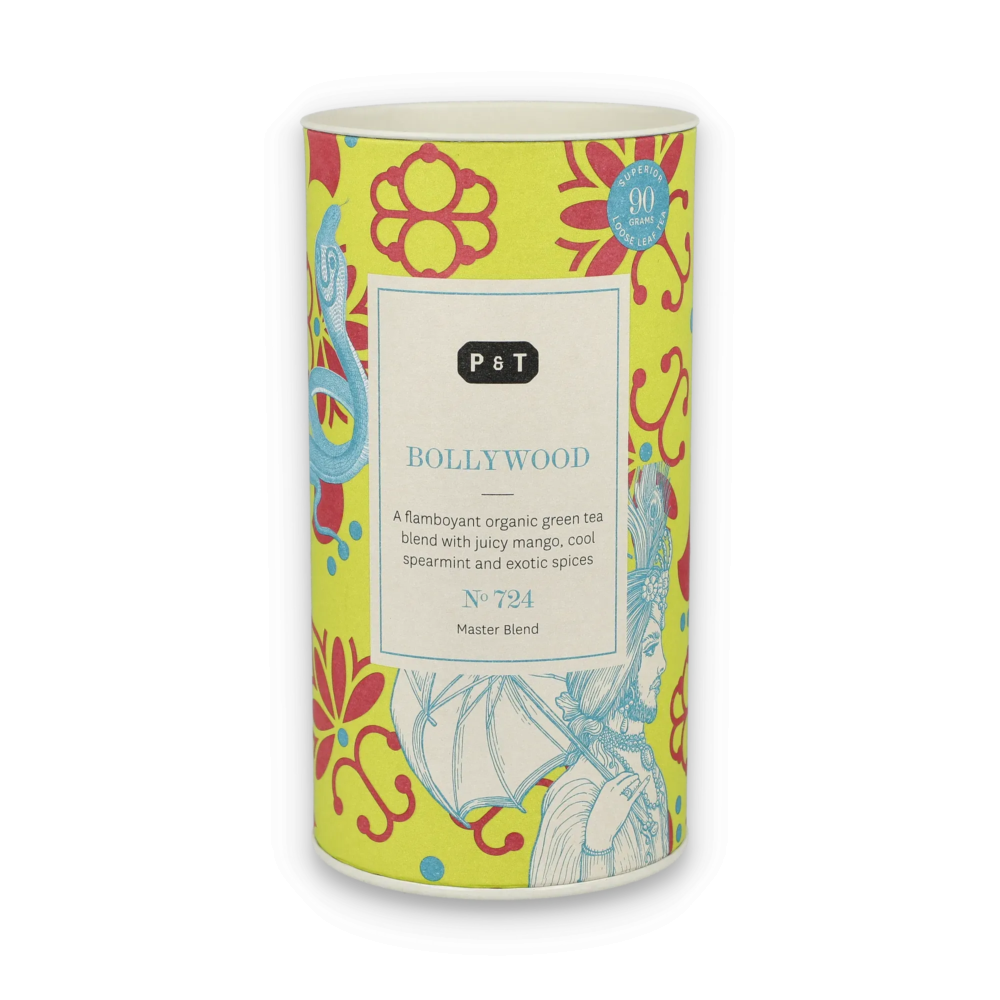 Teedose mit rotem Blumenmuster und blauem Schirmhalter, enthält P & T Bollywood Bio-Grüntee, 90g