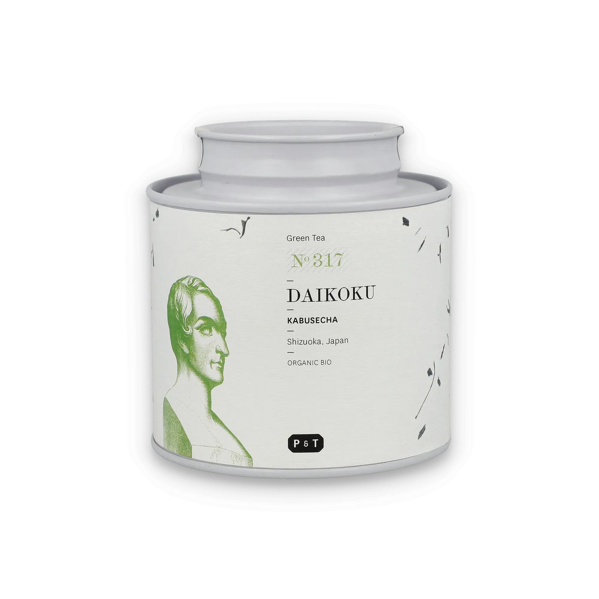 Weiße, zylindrische Teedose mit grünem DAIKOKU Kabusecha aus Shizuoka von Paper & Tea