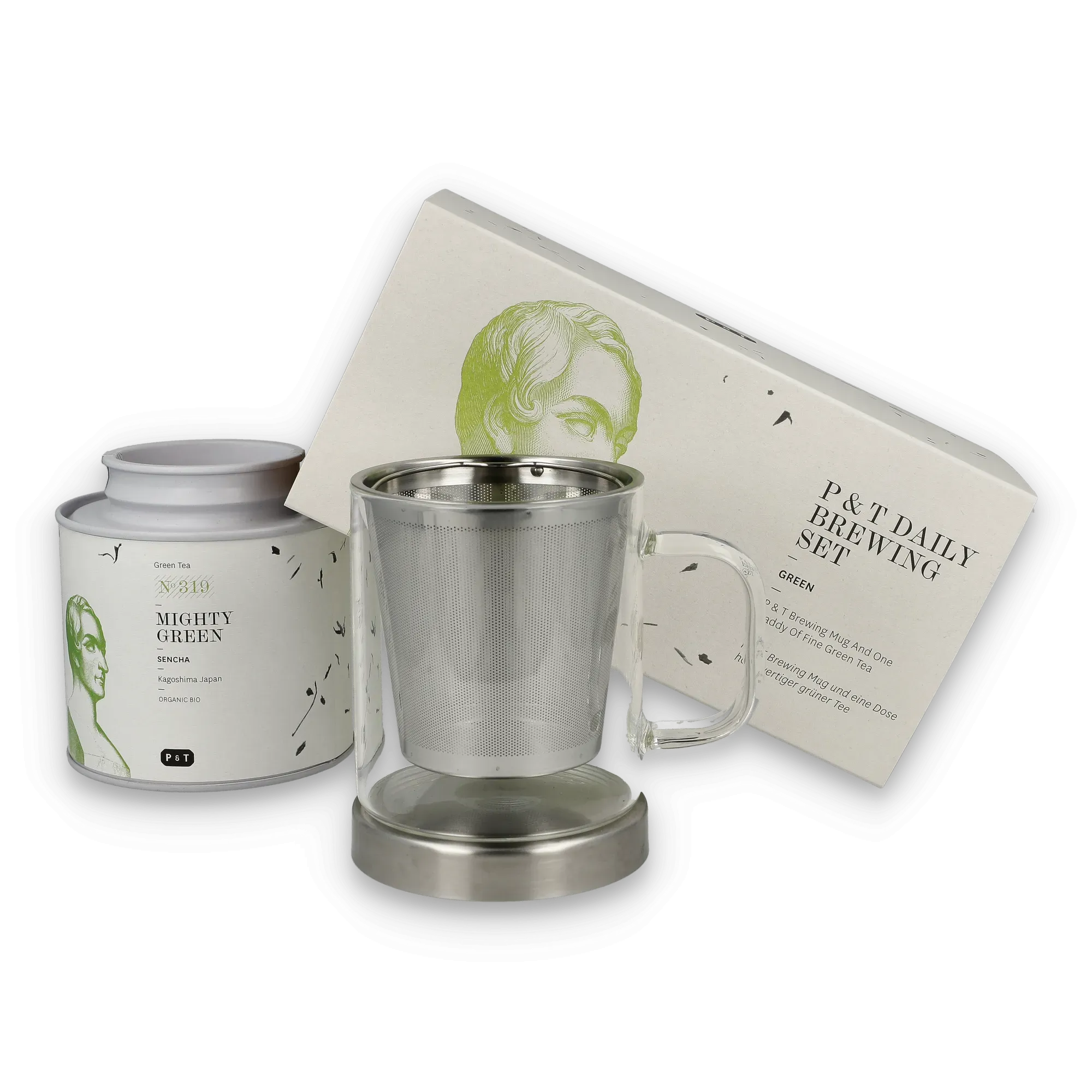 Weiße Teedose mit grünem Sencha-Tee, Glastasse mit Teesieb, Verpackung des P & T Daily Brewing Sets.