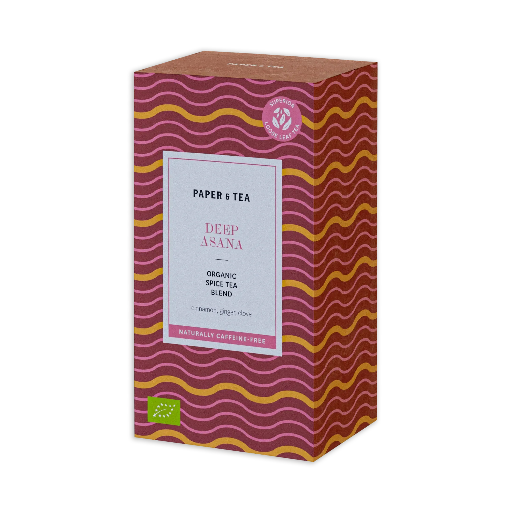 Rechteckige Packung Paper & Tea Deep Asana Bio-Gewürztee, Zimt, Ingwer, Nelke, koffeinfrei, bio