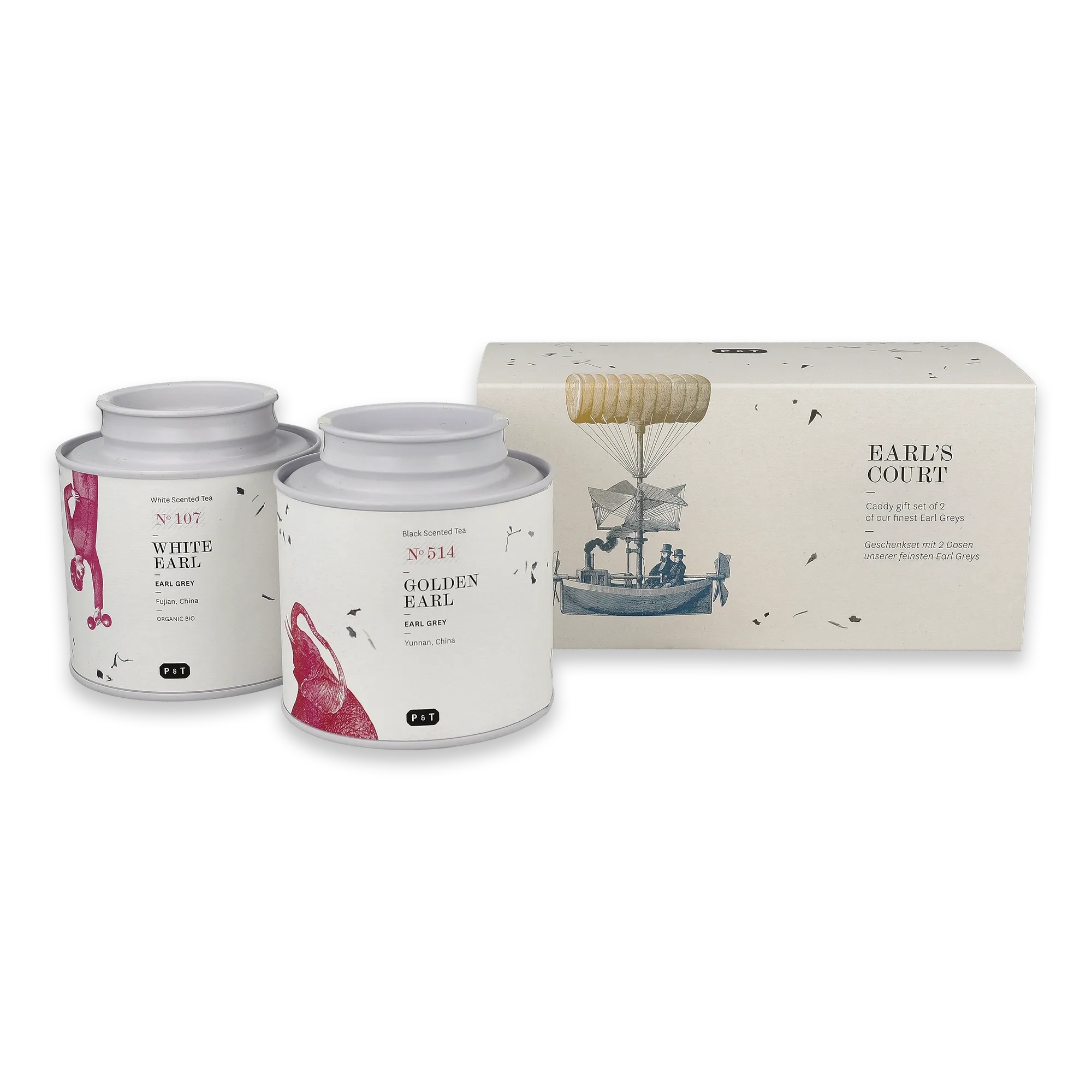 Geschenkset mit zwei Teedosen: Weißer und Goldener Earl Grey, in Vintage-Luftschiff-Box.