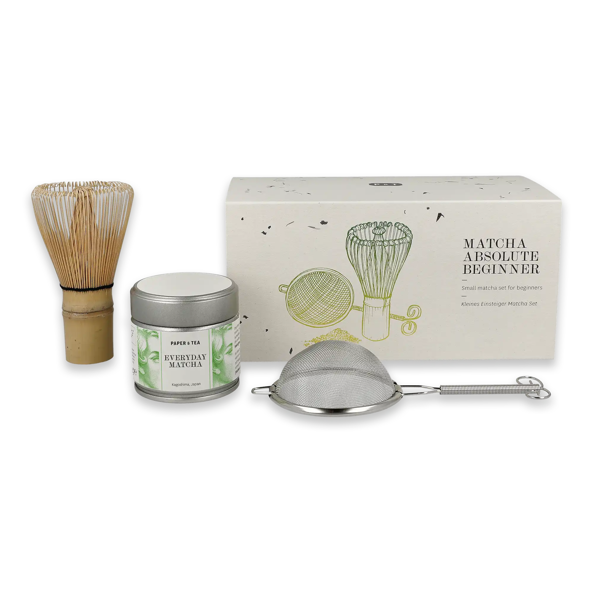Einsteiger-Matcha-Set mit Teedose, Bambusbesen und Metallsieb für Matcha-Zubereitung.