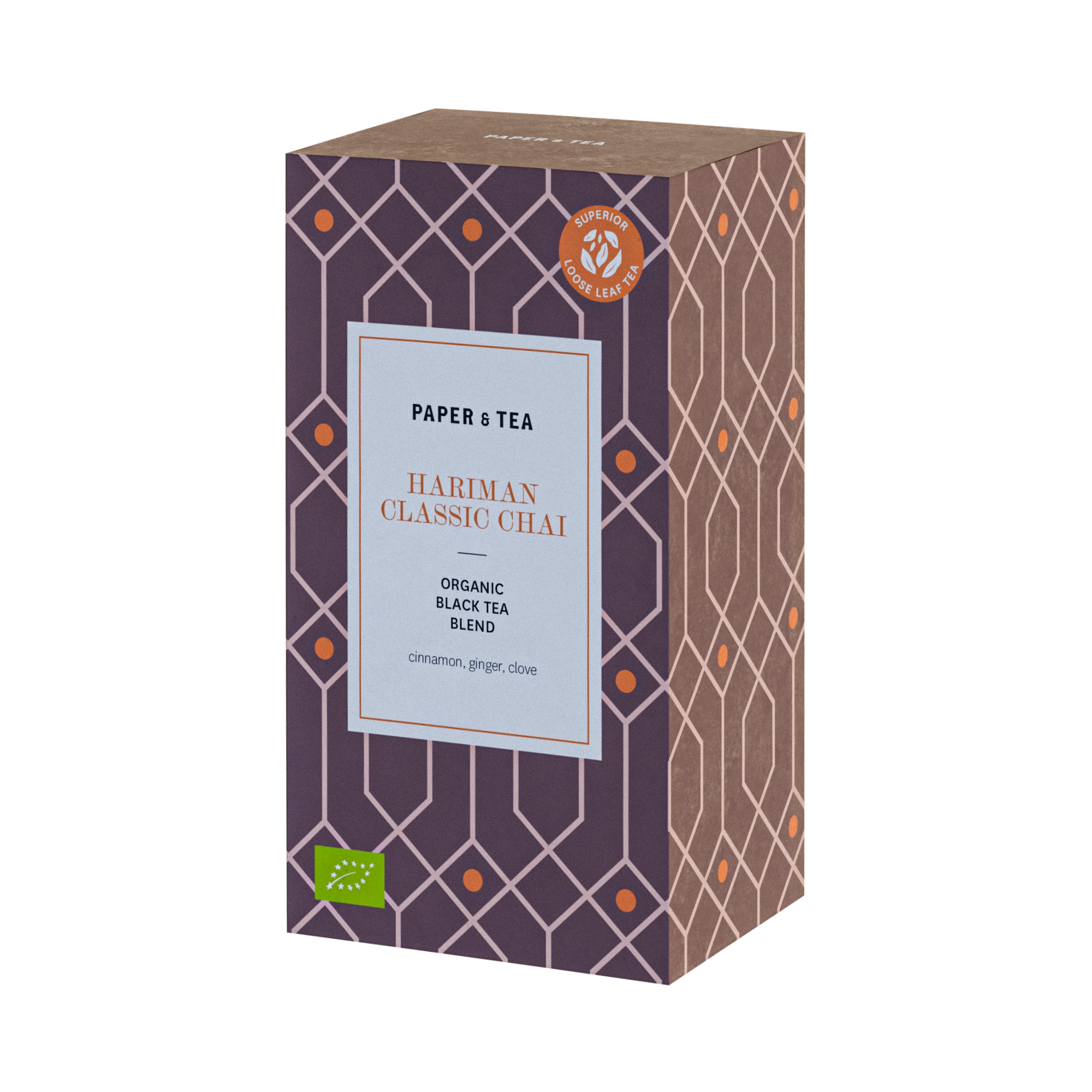 Verpackung von PAPER & TEA Hariman Classic Chai, Bio Schwarztee mit Zimt, Ingwer, Gewürznelke