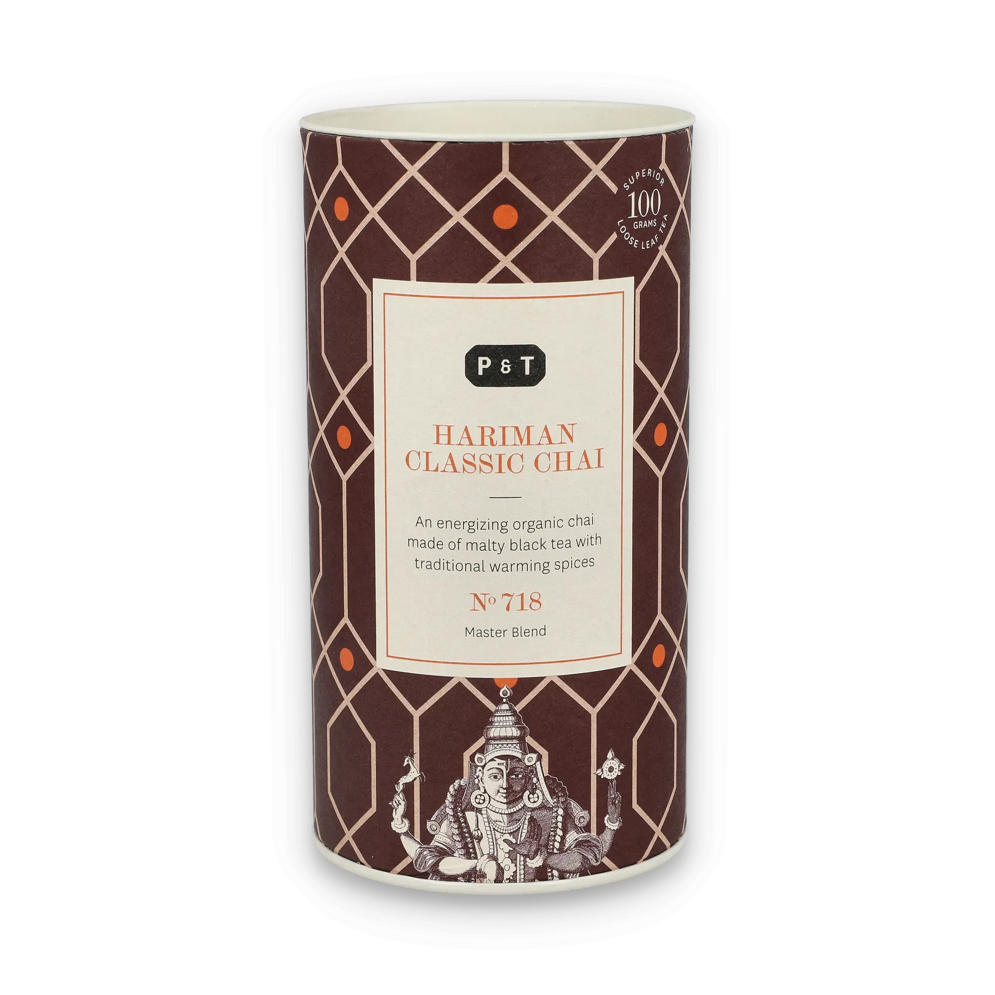 Dunkelbraune Teedose mit geometrischem Muster und Etikette für P & T HARIMAN CLASSIC CHAI, 100g loser Tee.