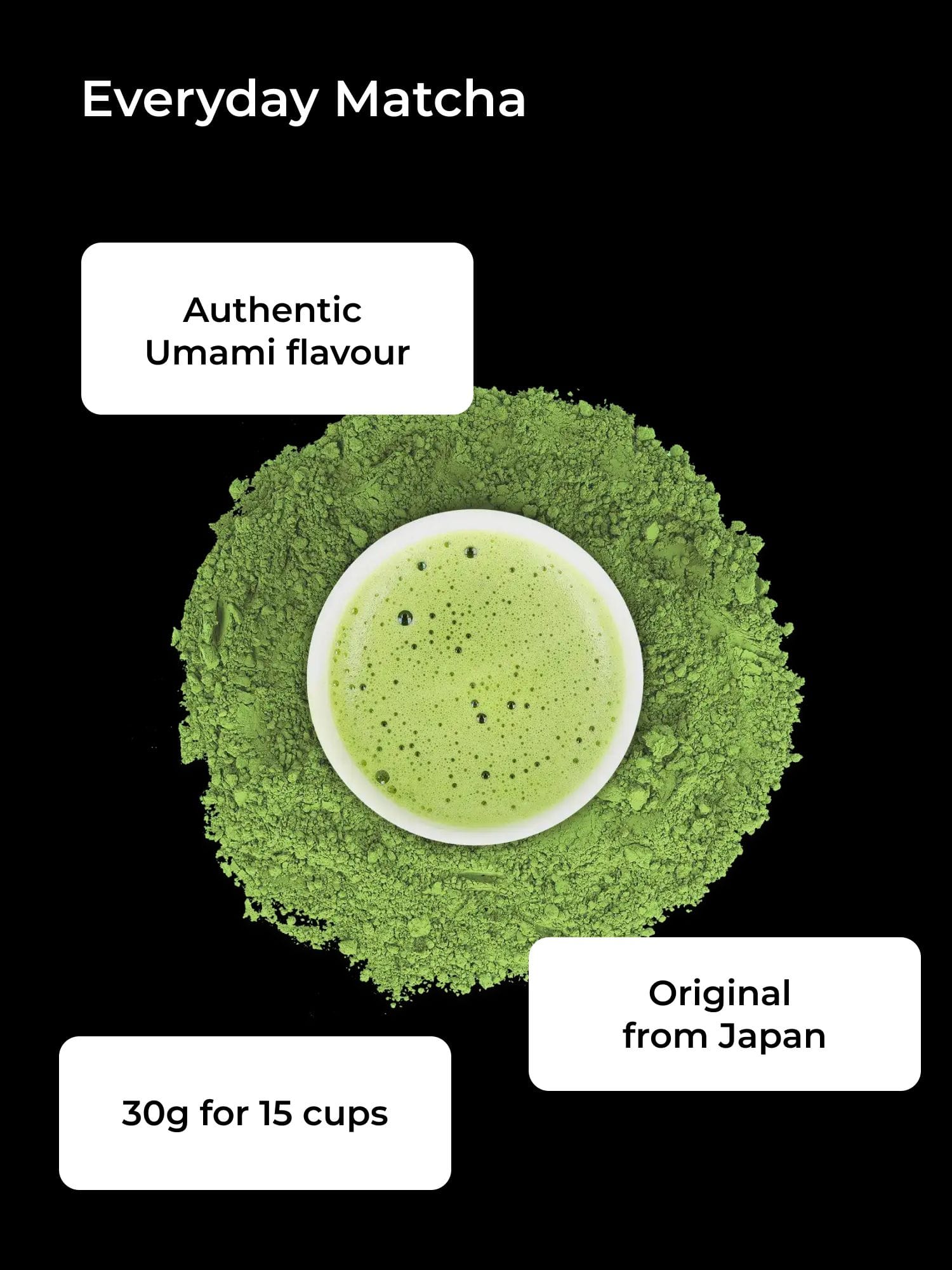 Weißer Becher mit schaumigem, hellgrünem Matcha Tee auf grünem Matcha-Pulver vor schwarzem Hintergrund.