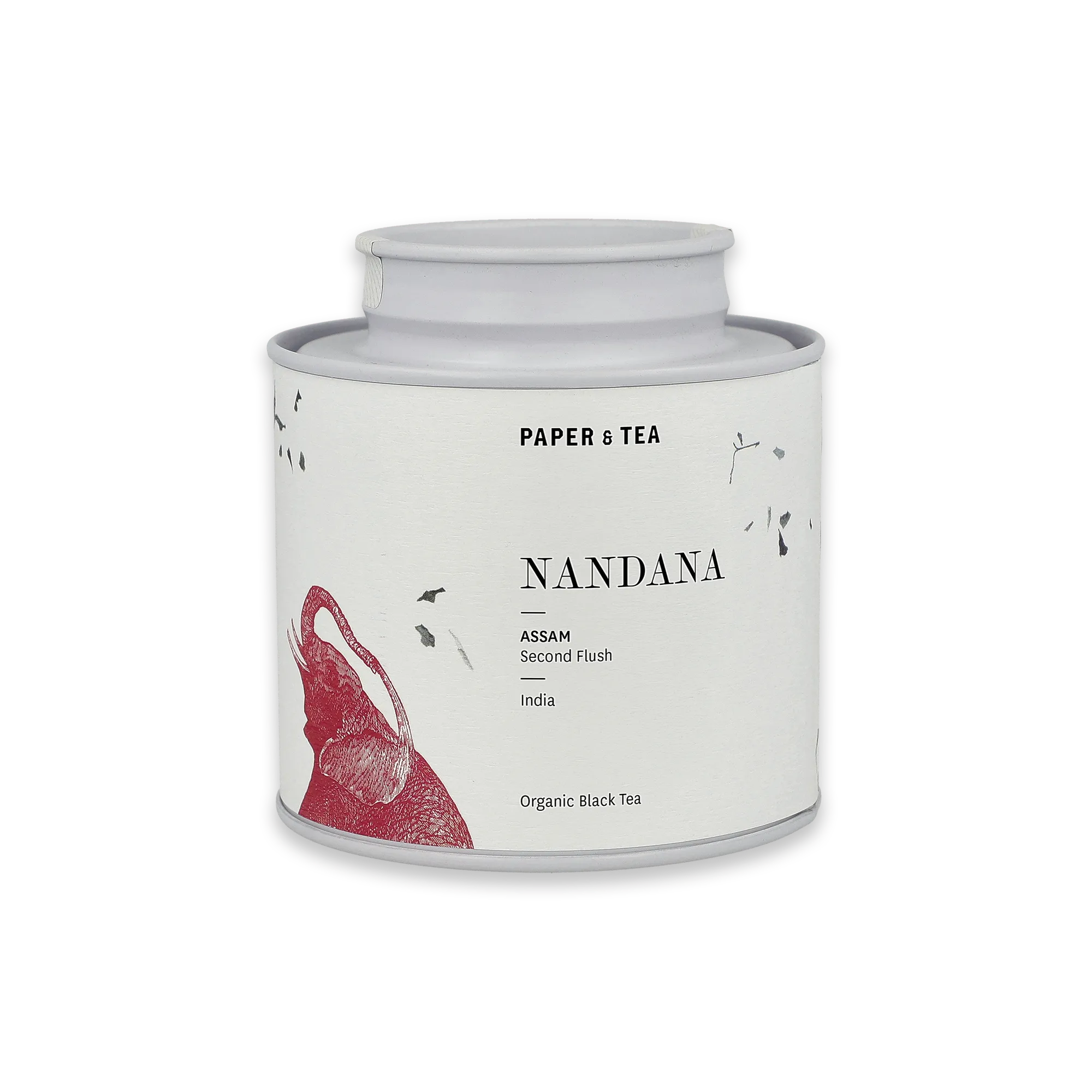 Weiße zylindrische Teedose mit roter Vogelillustration, PAPER & TEA NANDANA Assam Bio-Schwarztee