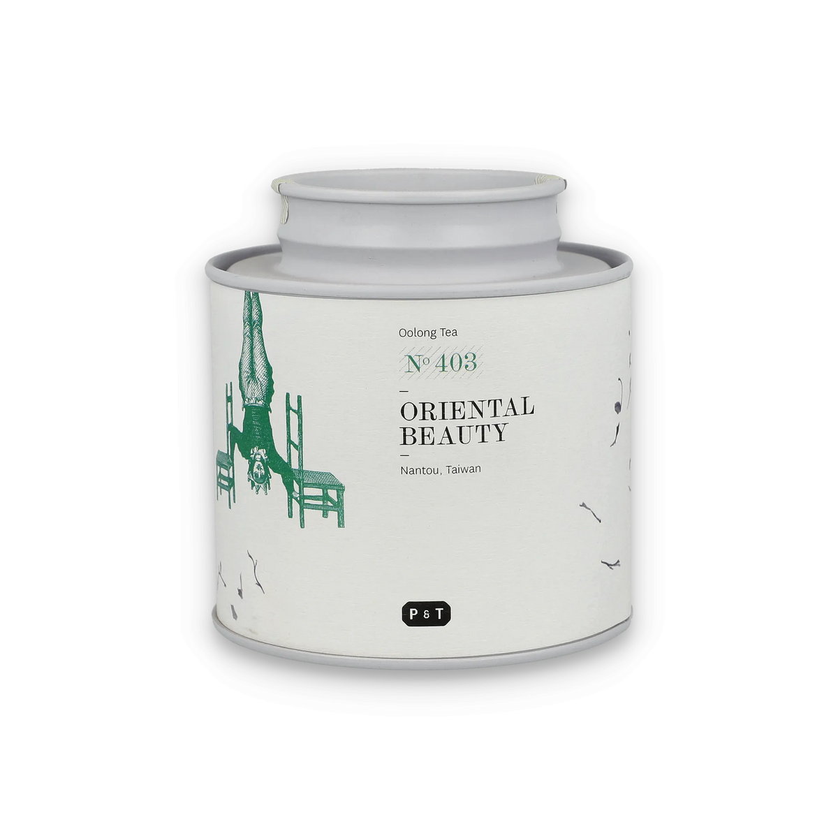 Weißer Teebehälter mit Etikett für Oolong Tee Nr. 403 Oriental Beauty aus Nantou, Taiwan von P & T
