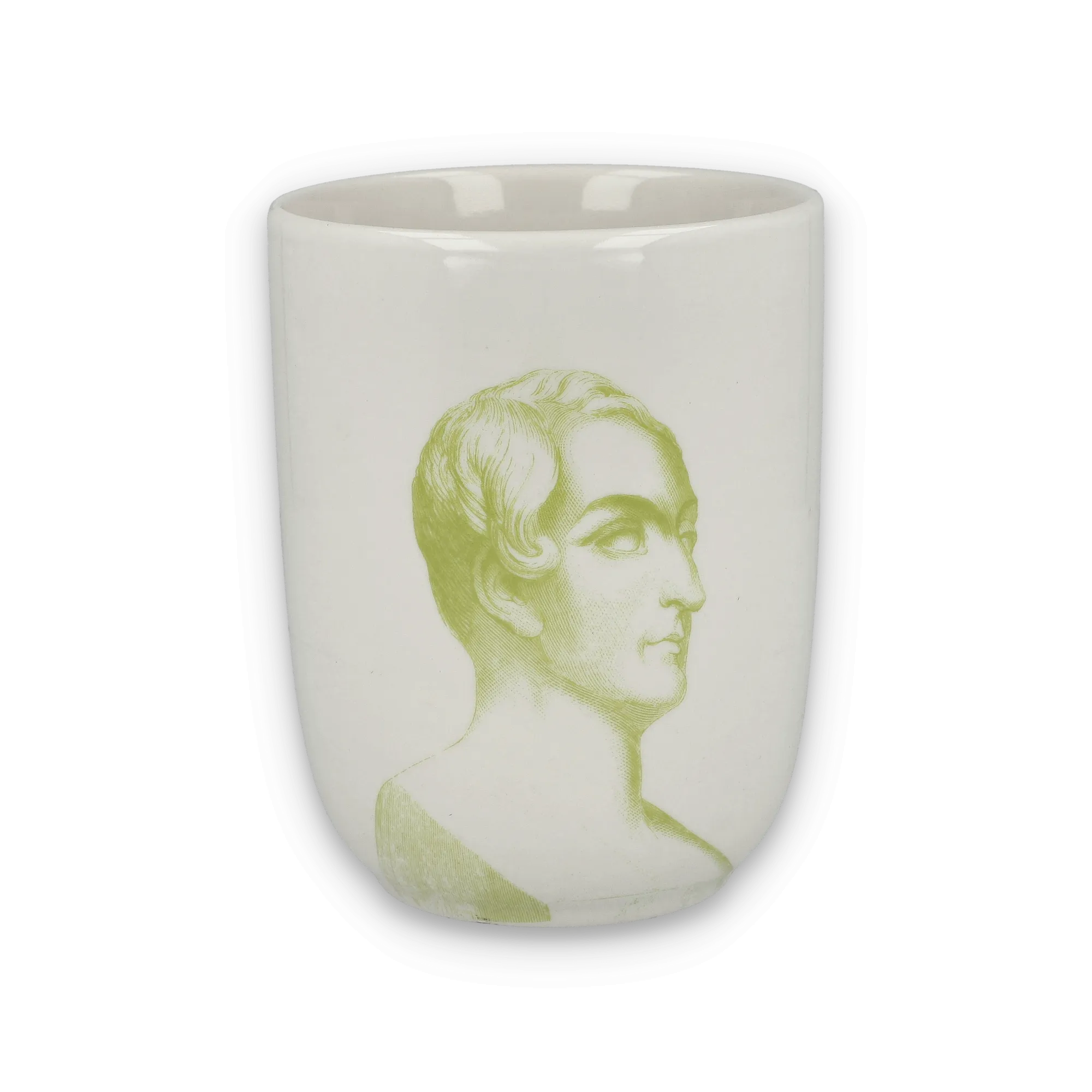 Weiße Keramiktasse mit grüngelber Illustration eines männlichen Porträts im Profil nach rechts.