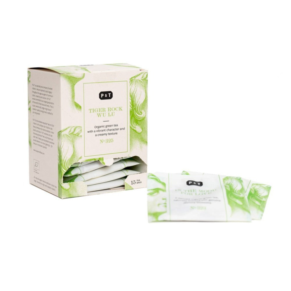 P & T Tiger Rock Wu Lu Bio-Grüntee in Karton mit floralen Illustrationen und Sichtfenster