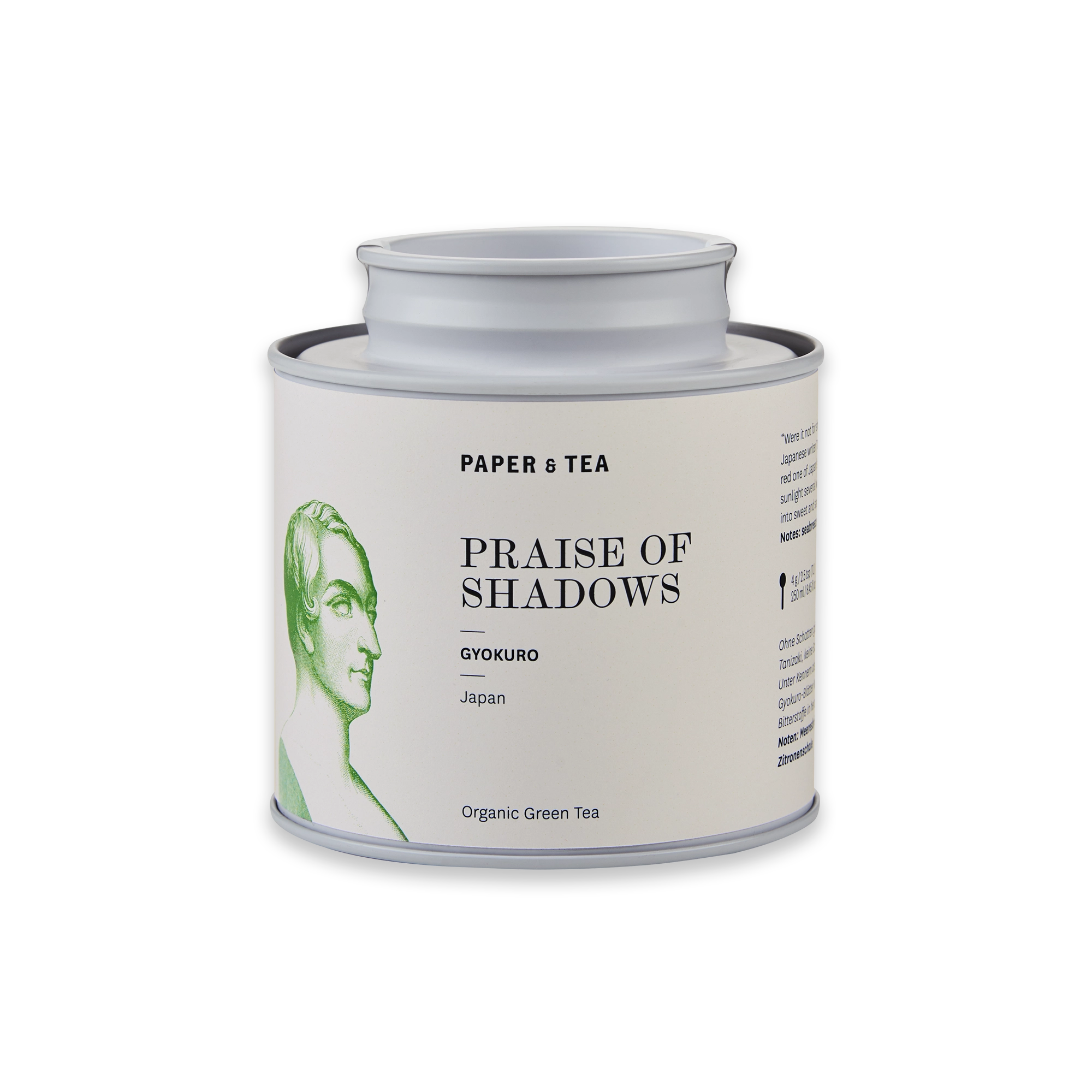 Zylindrische Metalldose mit beigem Etikett, grünem Greco-Büste-Design für organischen Gyokuro Grüntee von PAPER & TEA.
