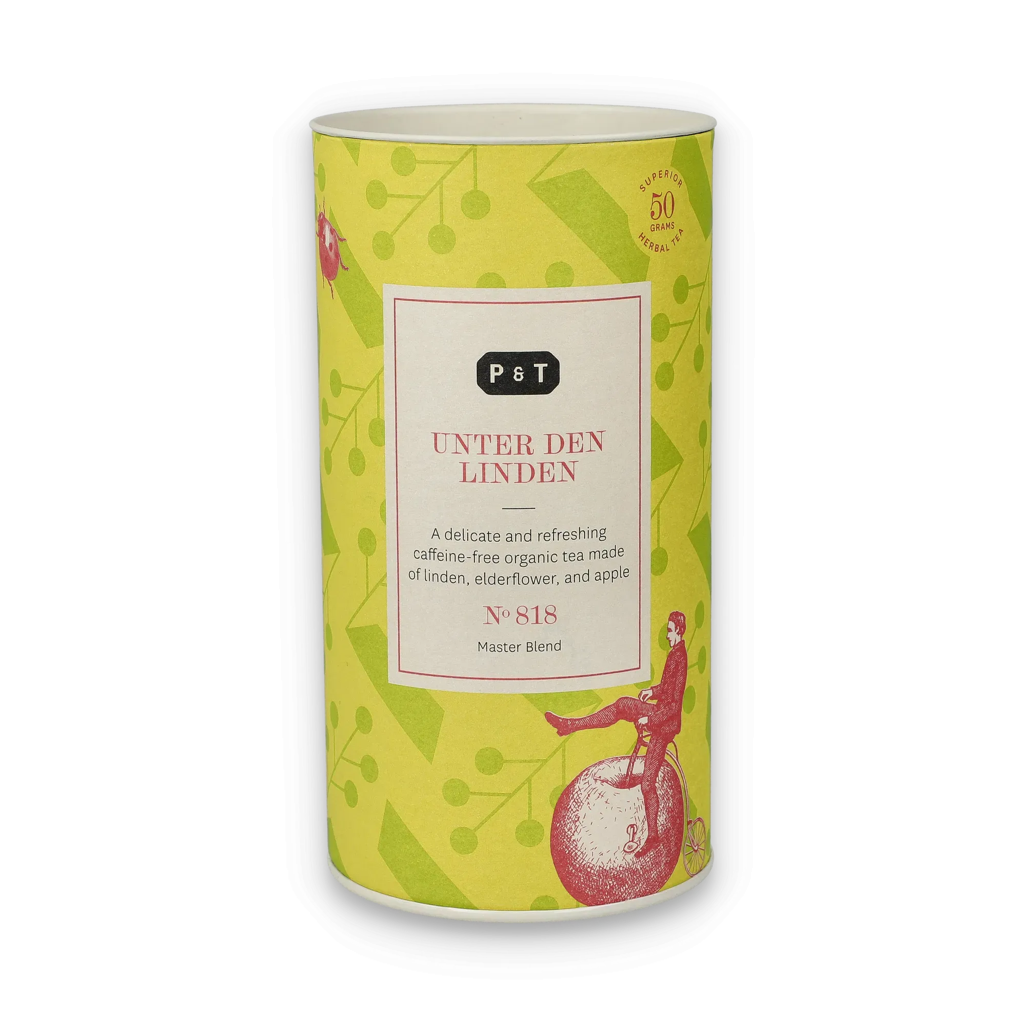 Teedose mit gelb-grünem botanischem Muster und rotem Apfel-Illustration.