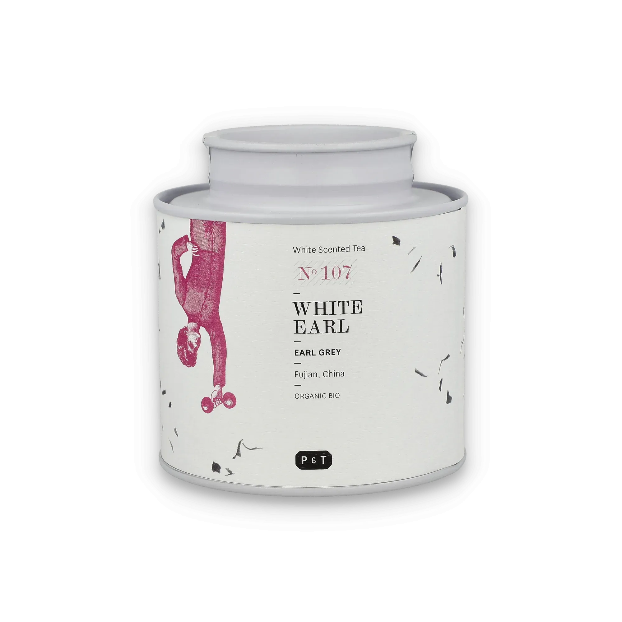 Weiße Metalldose mit Etikett für WHITE EARL Bio-Earl Grey Tee aus Fujian, China.
