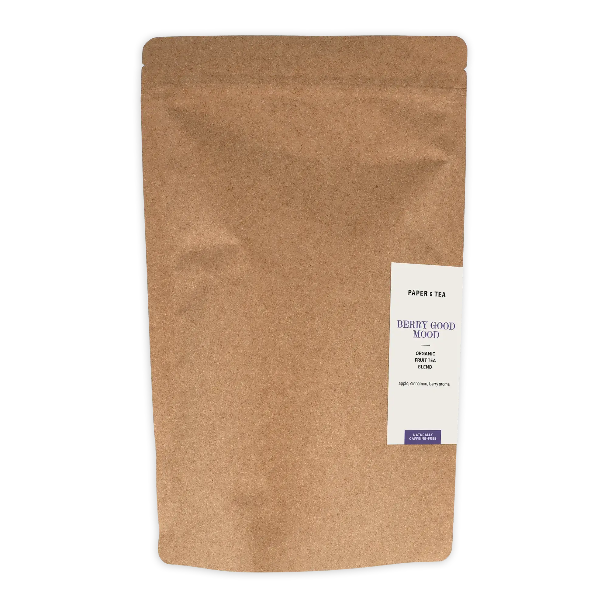 Braune, wiederverschließbare P&T Teepackung mit Bio-Früchtetee 'Berry Good Mood', Apfel-Zimt-Beeren-Aroma, koffeinfrei