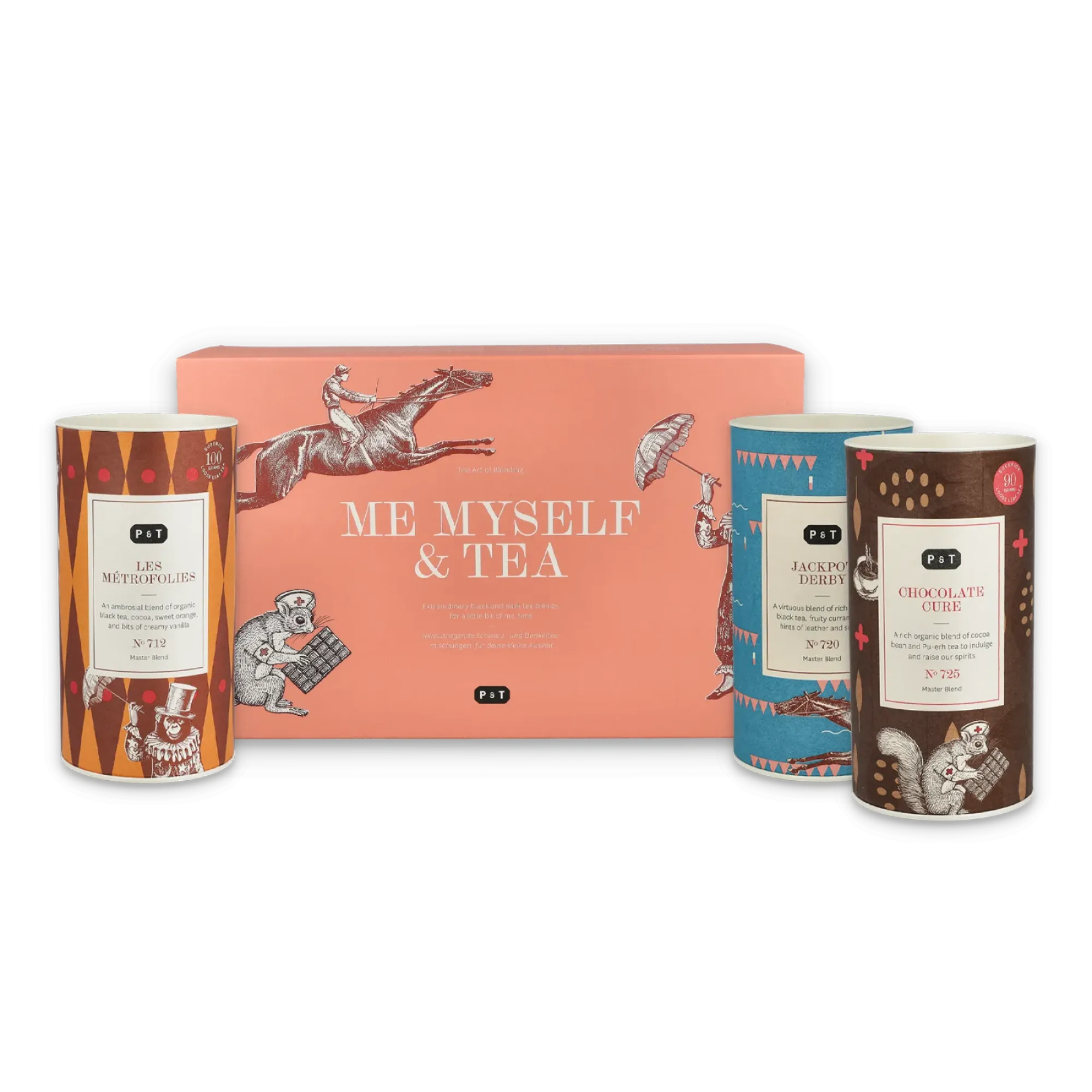 Tea-Geschenkset mit korall-pinker Box "ME MYSELF & TEA" und drei verzierten Teedosen.