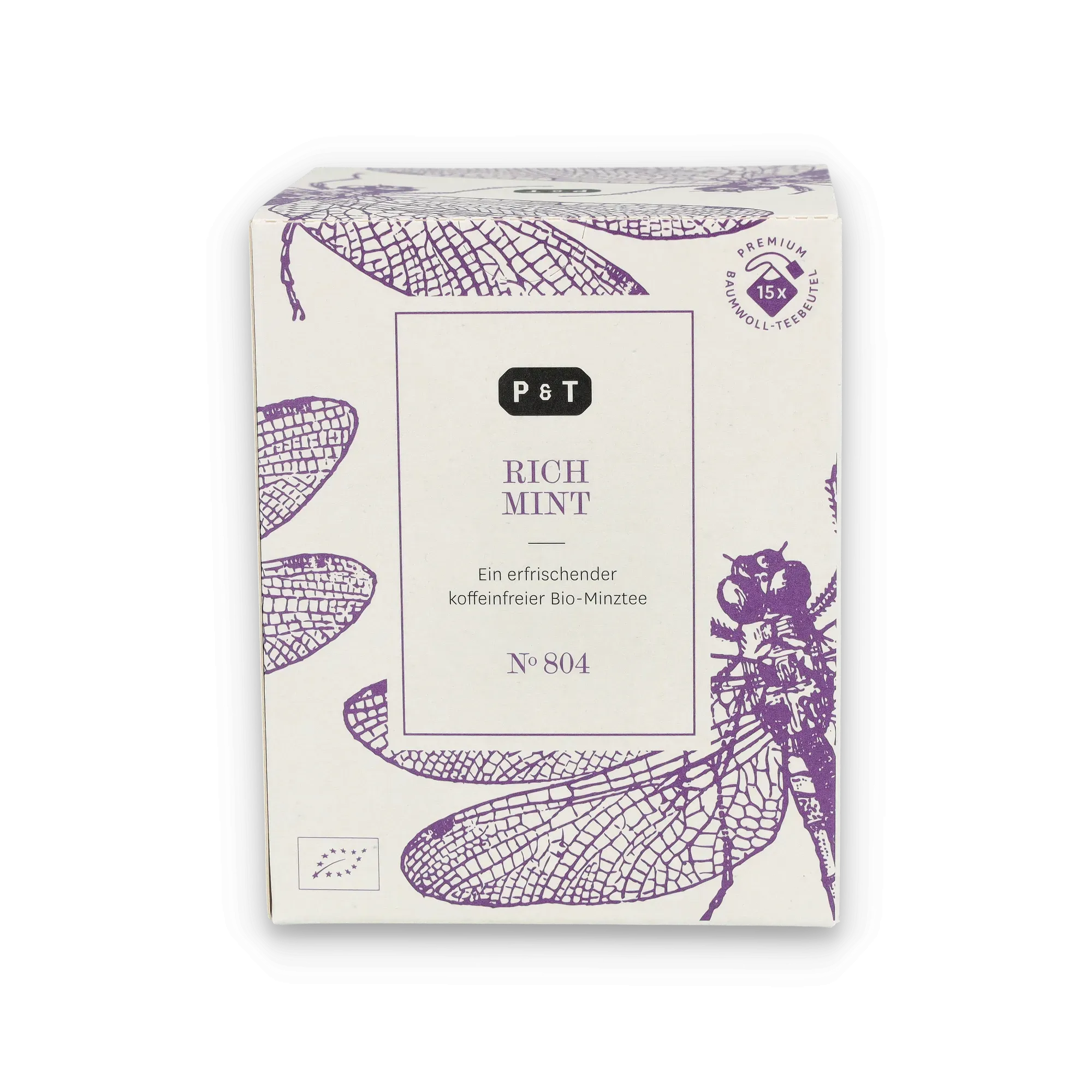 Beige Teebox mit lila Libellenzeichnung und P & T Rich Mint Bio-Minztee, 15 Baumwoll-Teebeutel.