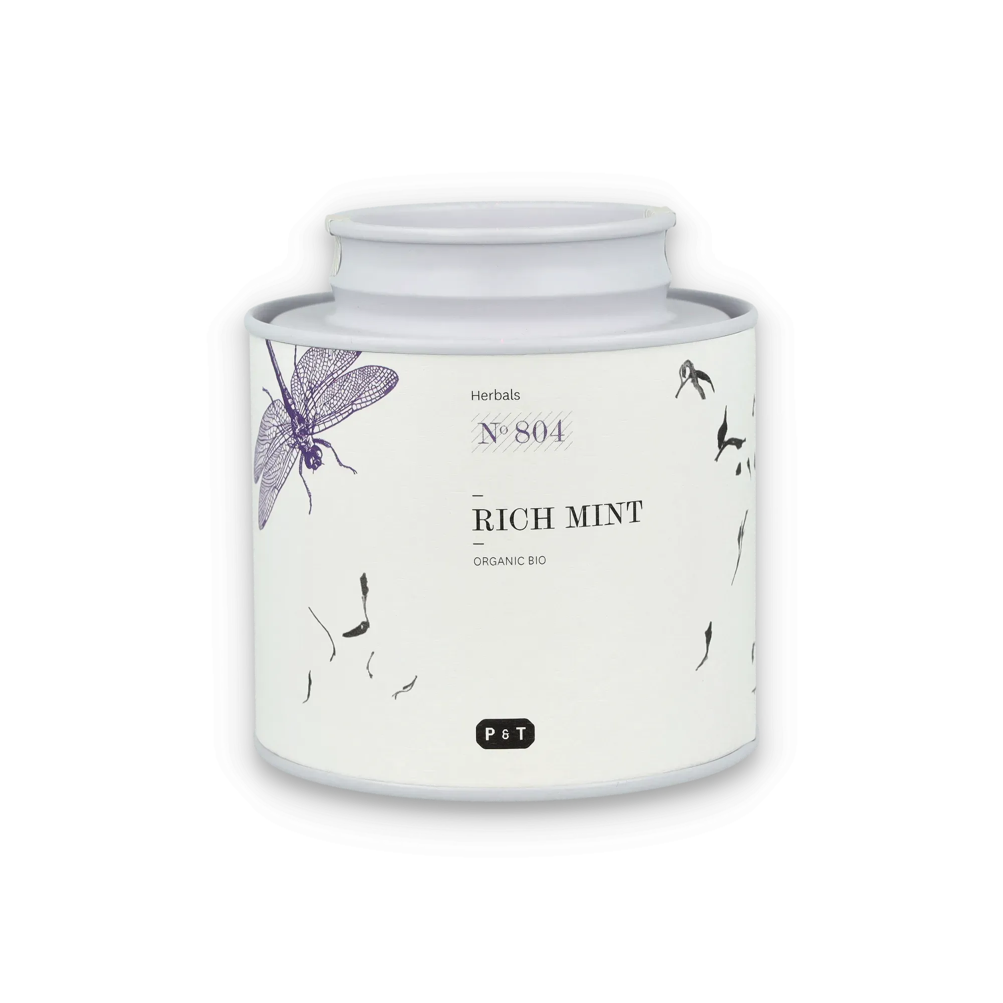 Weißer Behälter mit botanischen Illustrationen für RICH MINT Kräutertee von P & T