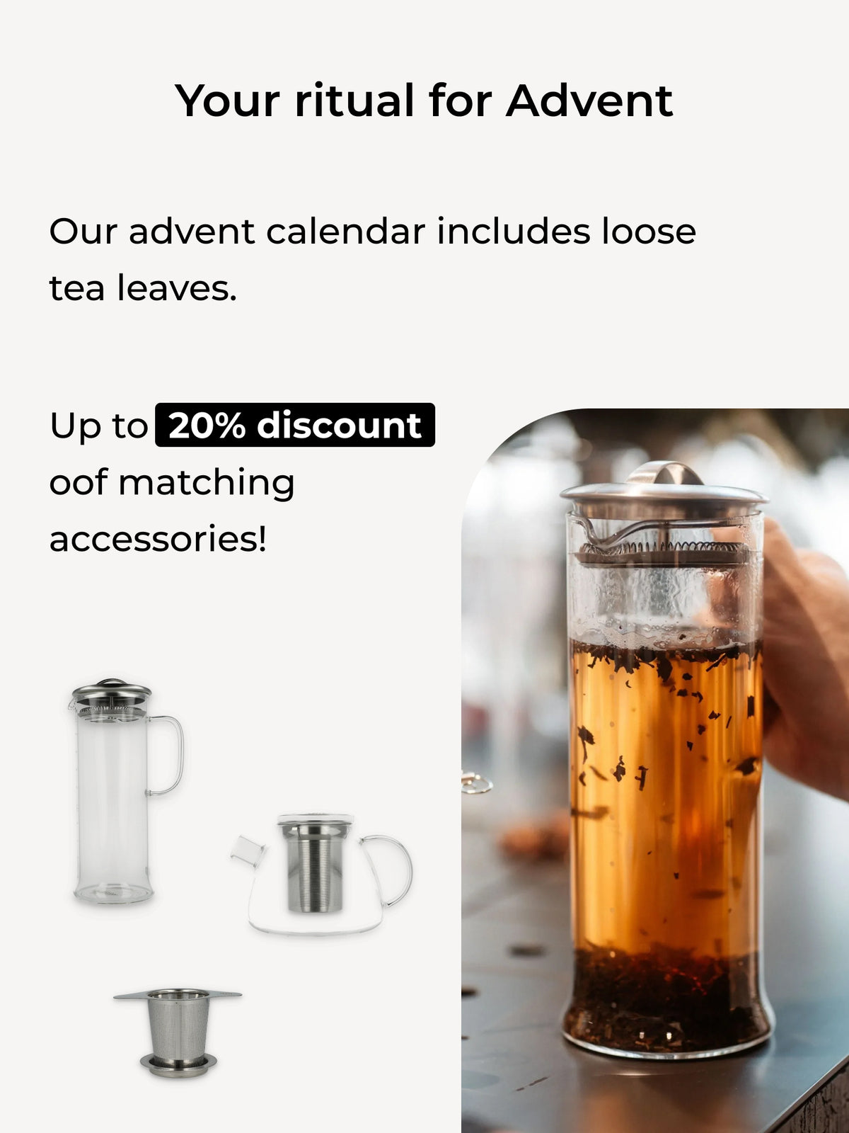 Glas-Teebereiter mit losem Tee und drei Edelstahl-Teezubehörteilen im Adventsangebot
