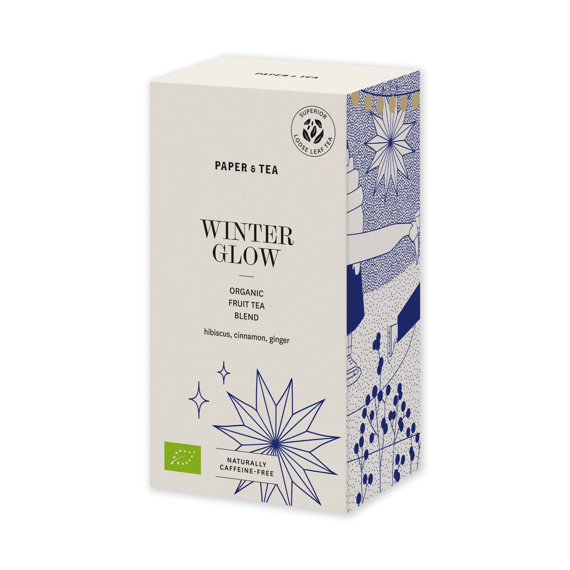 PAPER & TEA Bio-Früchtetee Winter Glow mit Hibiskus, Zimt und Ingwer in blau-weißer Verpackung mit Goldpunkten