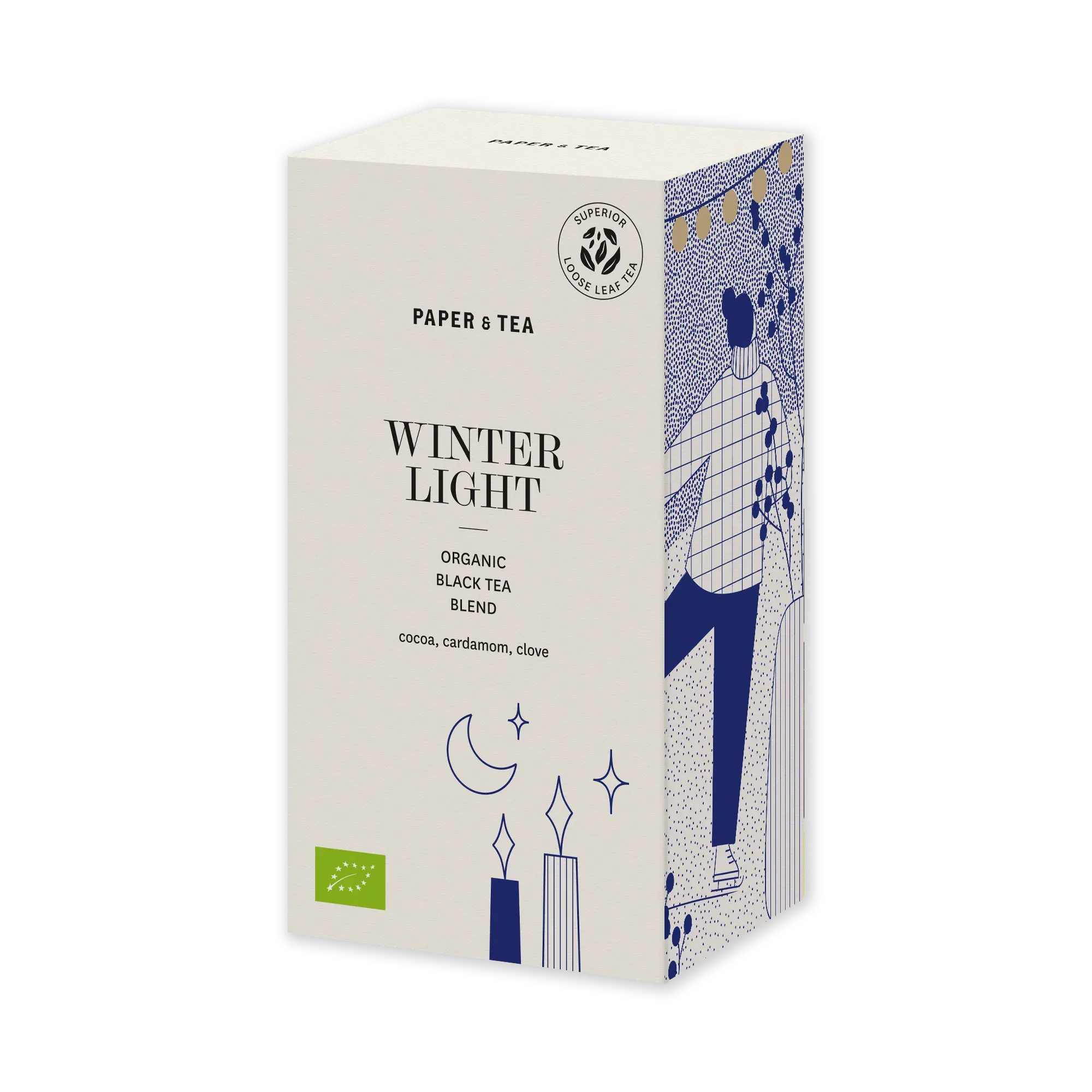 Paper & Tea Winter Light Teepackung mit Bio-Siegel und blauer Illustration einer Person mit Lichterkette