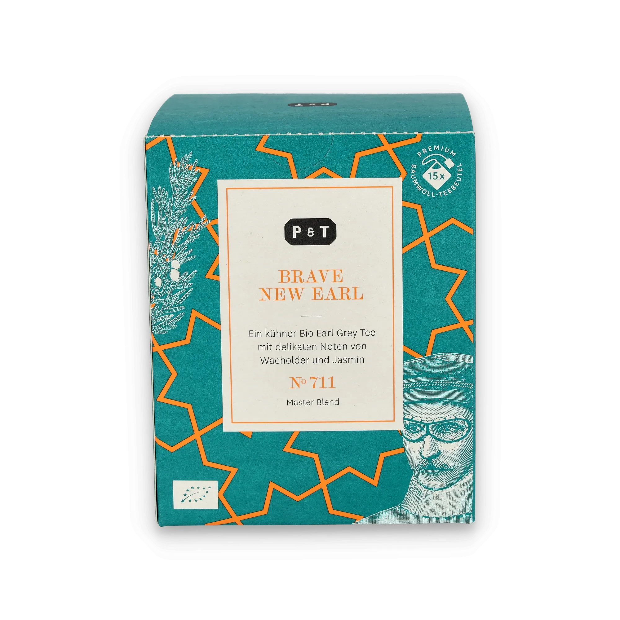 Teebox P & T Brave New Earl mit Bio Earl Grey Tee, Wacholder und Jasminnoten, 15 Baumwoll-Teebeutel