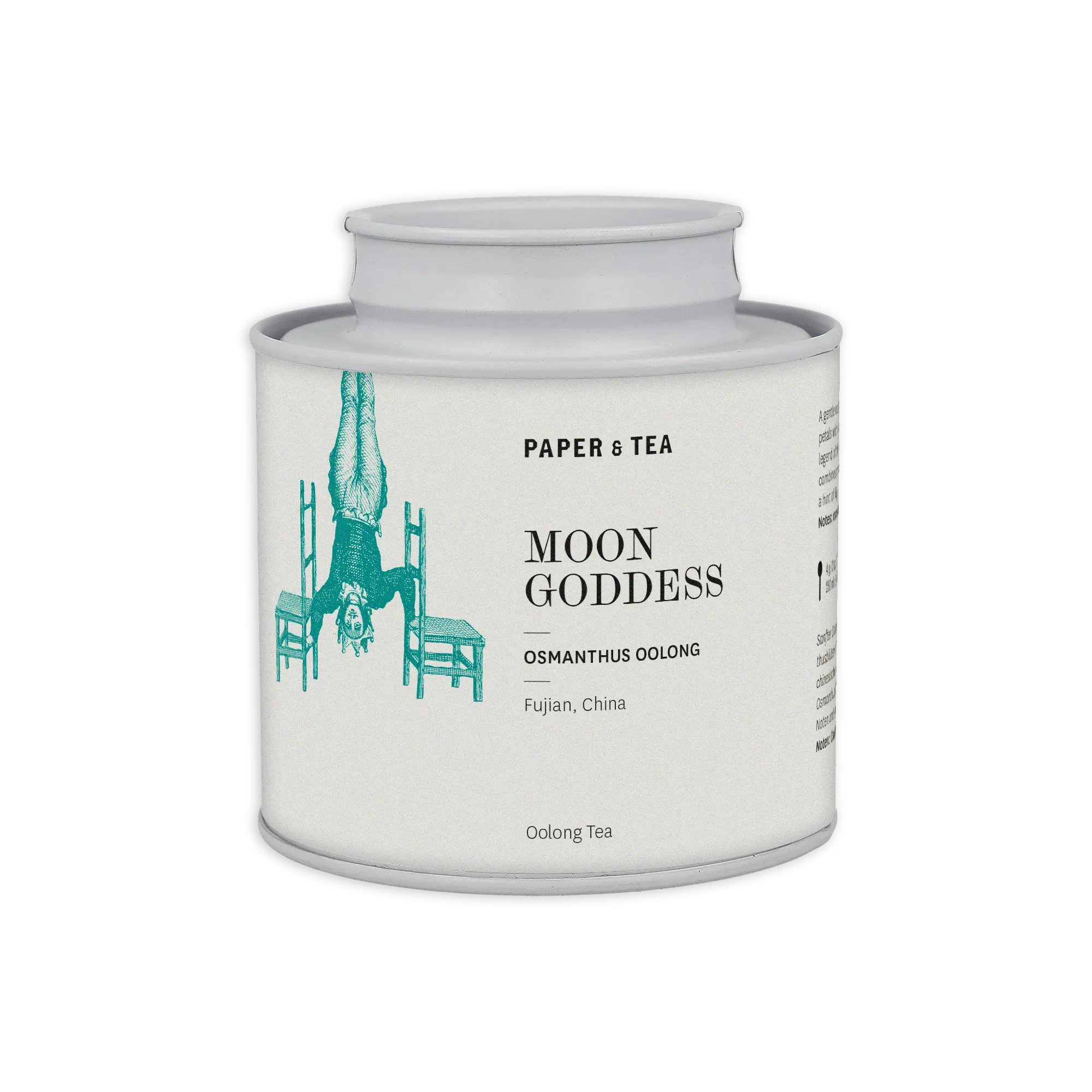 Weiße zylindrische Verpackung von Paper & Tea Moon Goddess Osmanthus Oolong aus Fujian, China