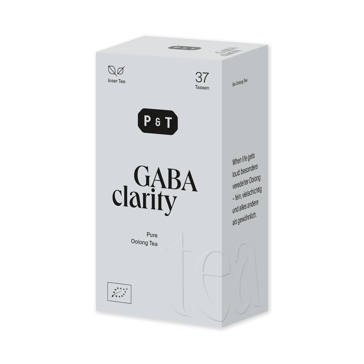 Bio Oolong Tee 'GABA clarity' von P&T in hellgrauer Verpackung mit minimalistischer Gestaltung.