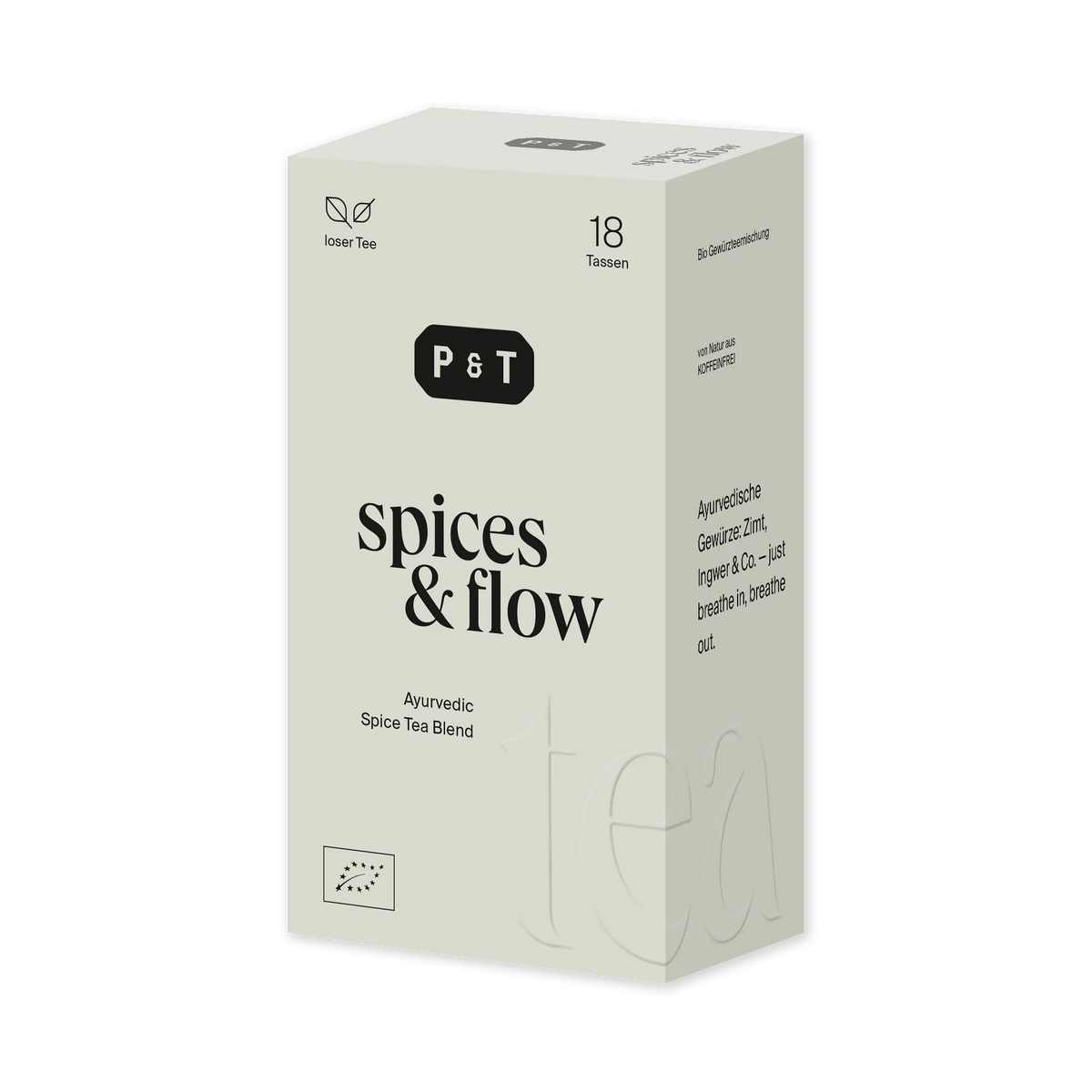 Minimalistische P&T Bio-Gewürzteemischung mit Zimt und Ingwer, koffeinfrei für 18 Tassen.
