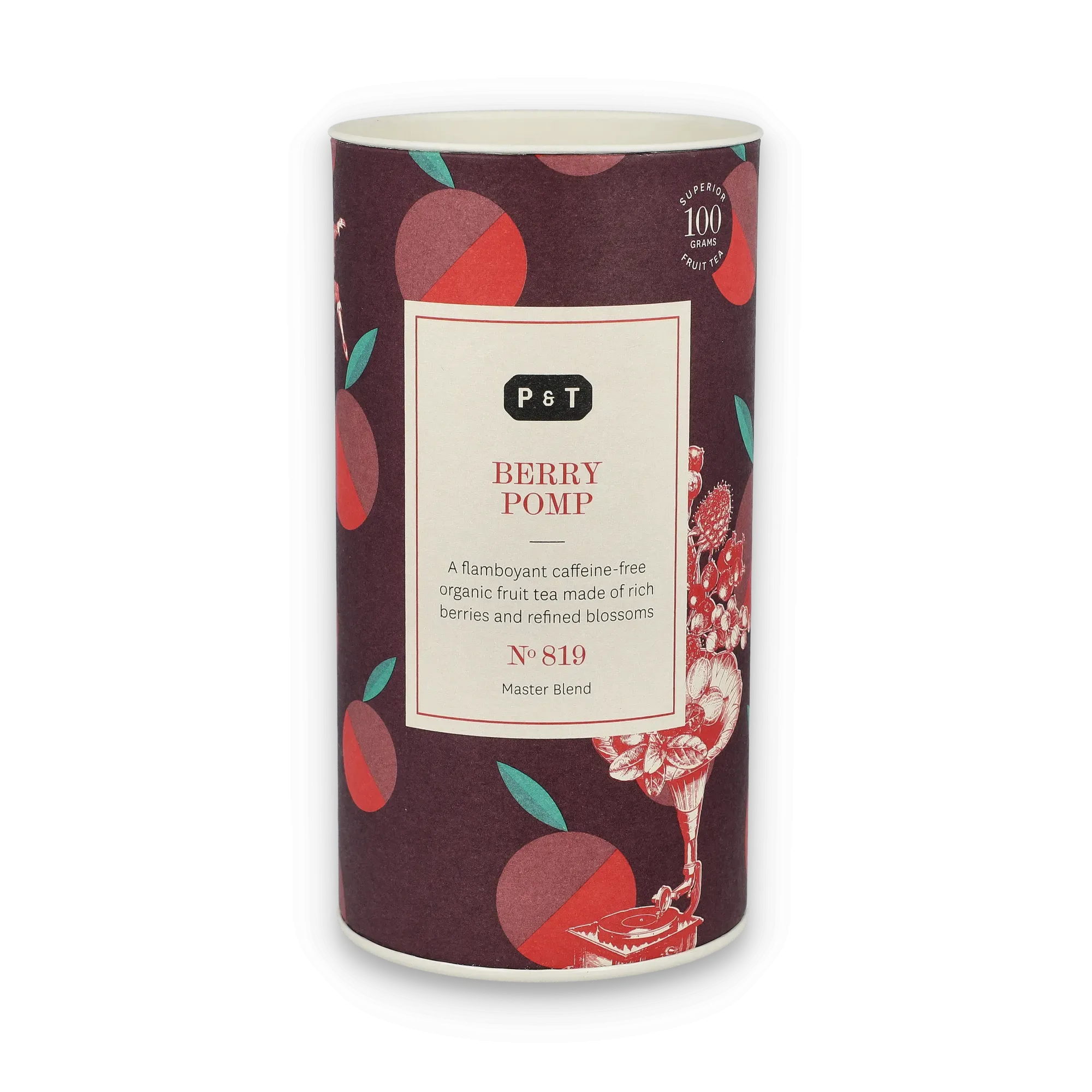 Zylindrische Teedose der Marke P & T mit violettem Etikett, roten Beeren und grünen Blättern, koffeinfreier Bio-Früchtetee.