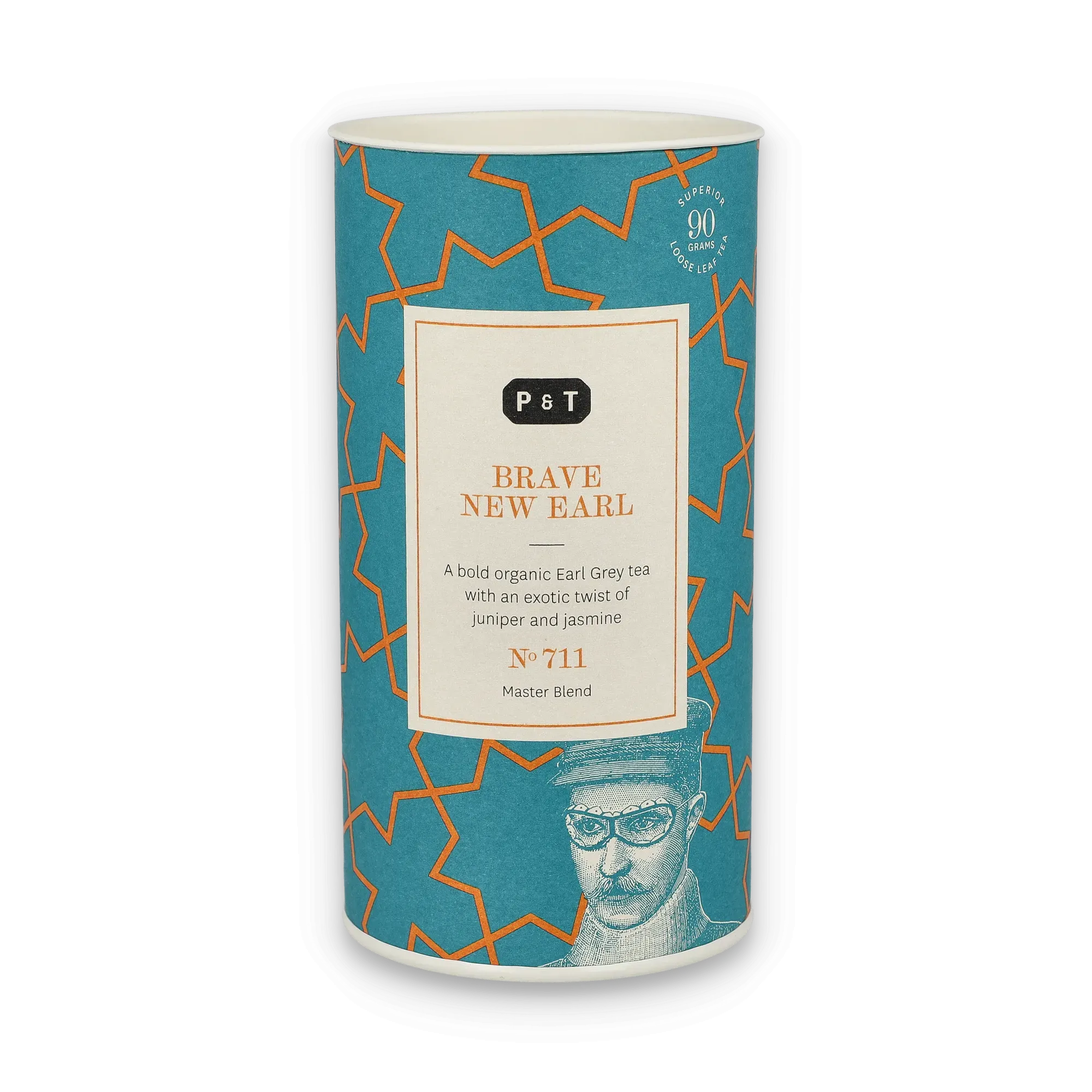 Blauer zylindrischer Behälter mit orangefarbenem Muster für P & T Brave New Earl Bio-Earl-Grey-Teebeutel.