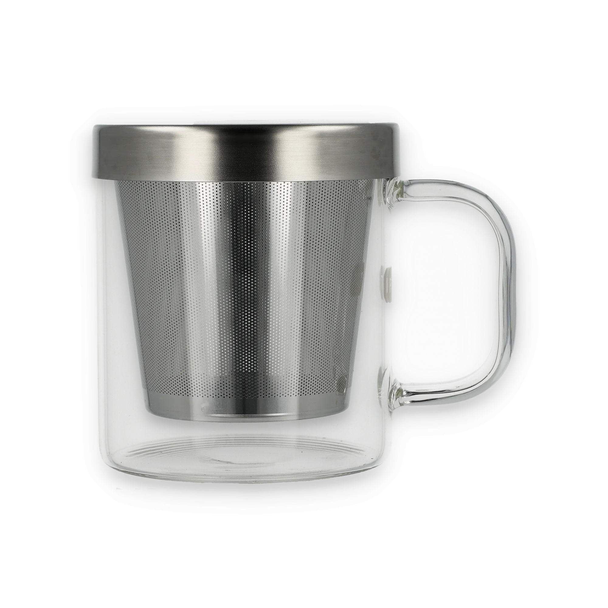 Transparenter Glas-Teebecher mit Griff und Metall-Teesieb für hochwertigen Teegenuss