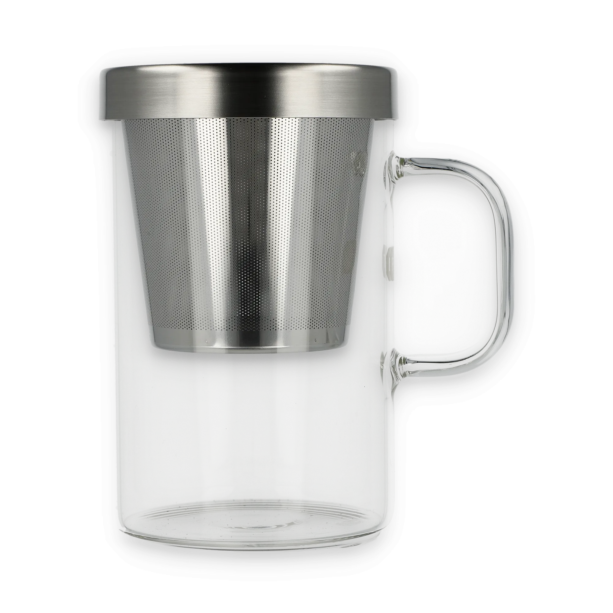 Transparenter Glasbecher mit Edelstahl-Teesieb und Deckel für hochwertige Teezubereitung