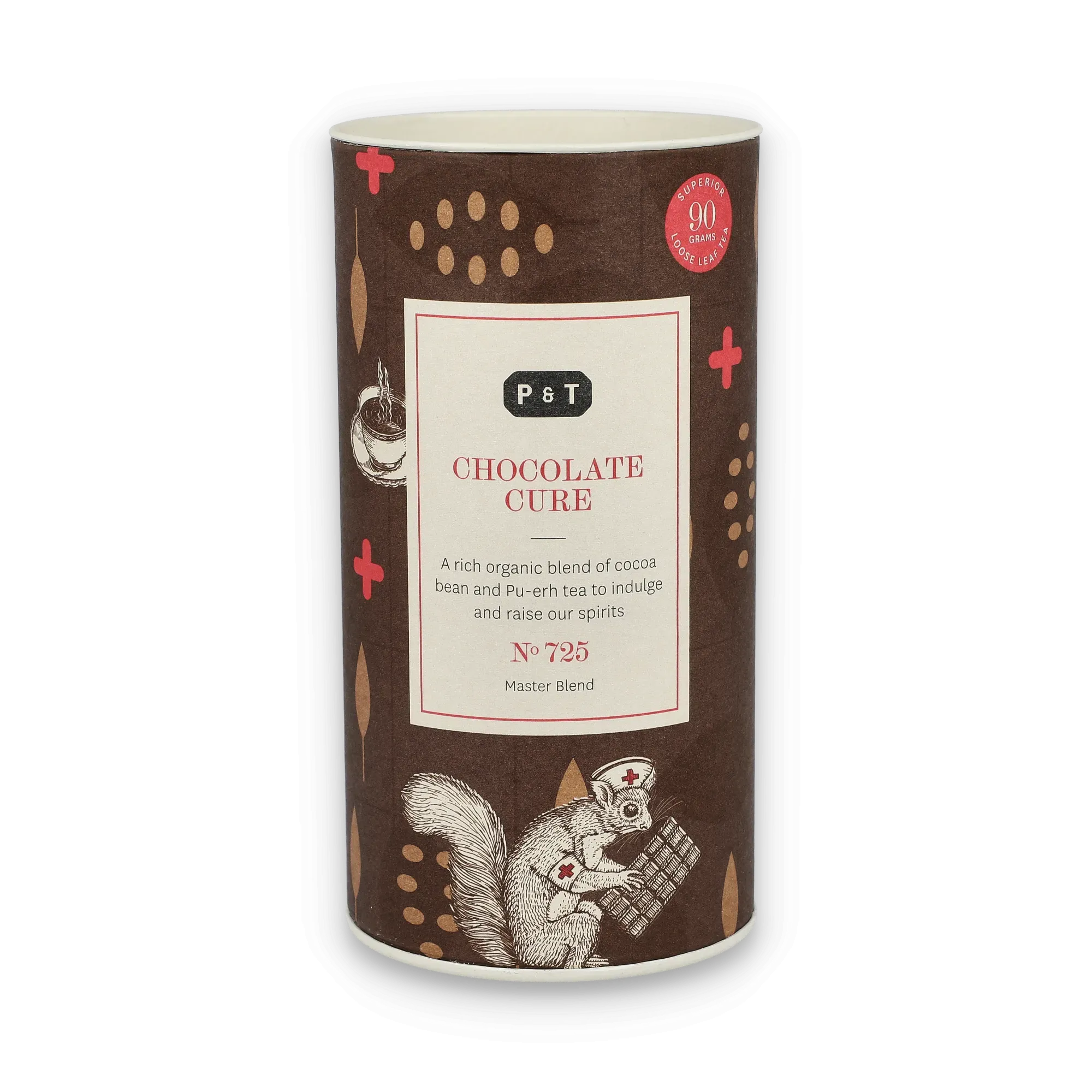 Zylindrische Teedose auf braunem Hintergrund, P & T Chocolate Cure Blend mit Kakao und Pu-erh, illustriertes Eichhörnchen.