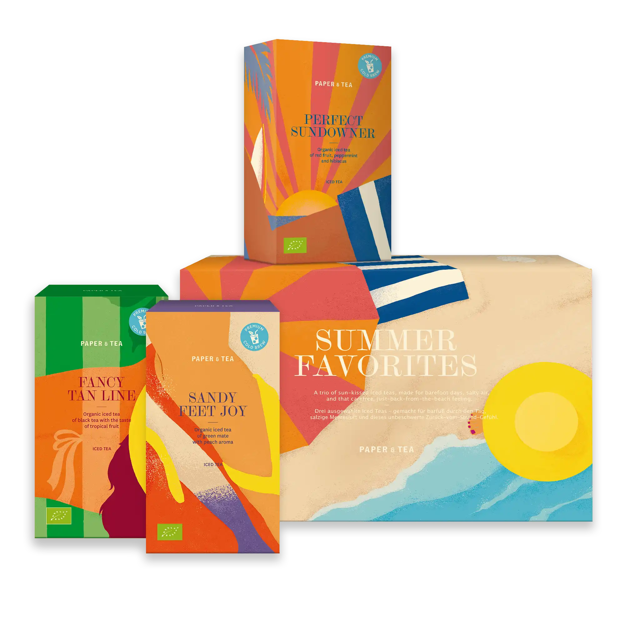 Vier PAPER & TEA Kaltaufguss-Eistee-Verpackungen mit sommerlichen Motiven und Aromen.