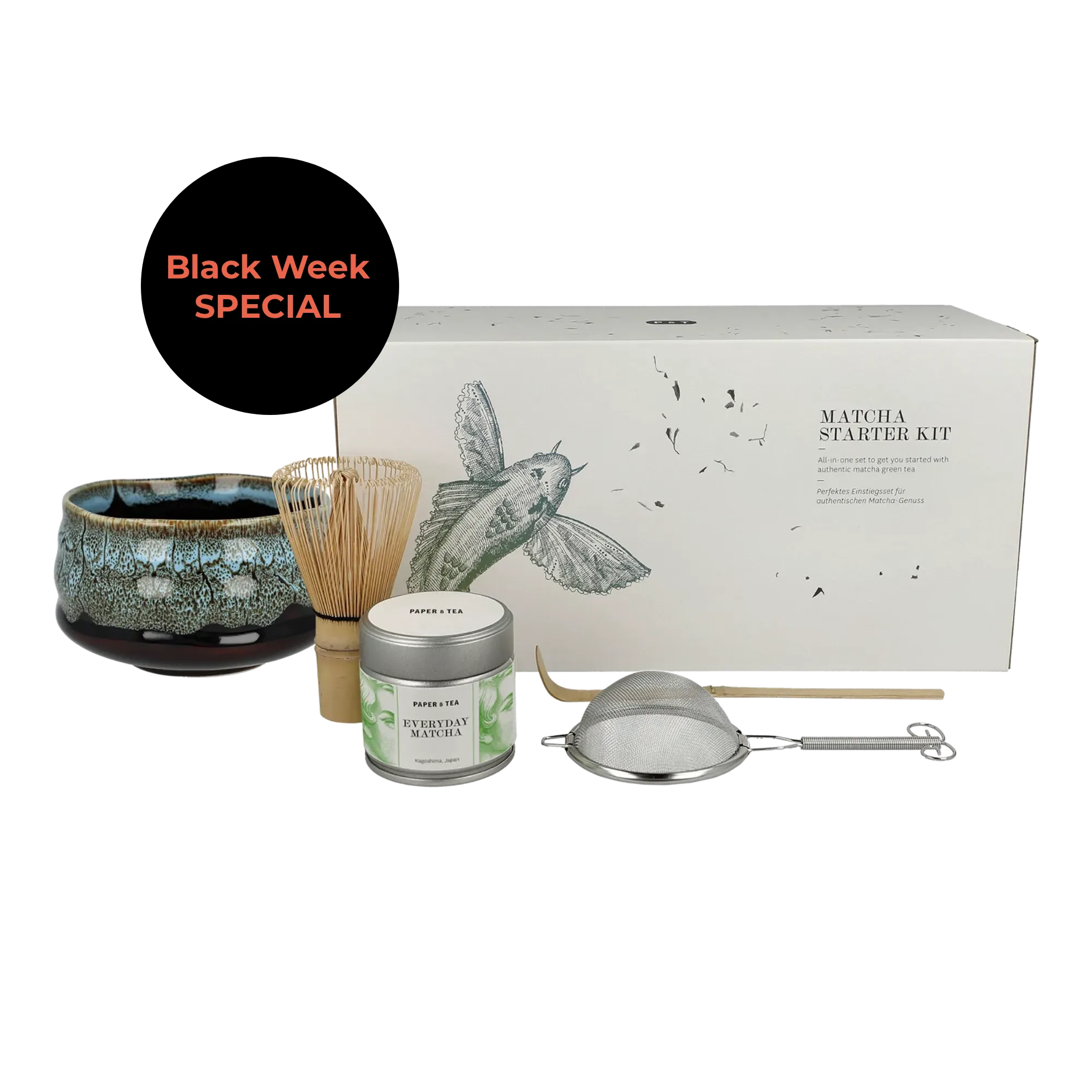 PAPER & TEA Matcha Starter Kit mit Keramikschale, Bambusbesen, Teesieb und Matcha-Dose aus Kagoshima
