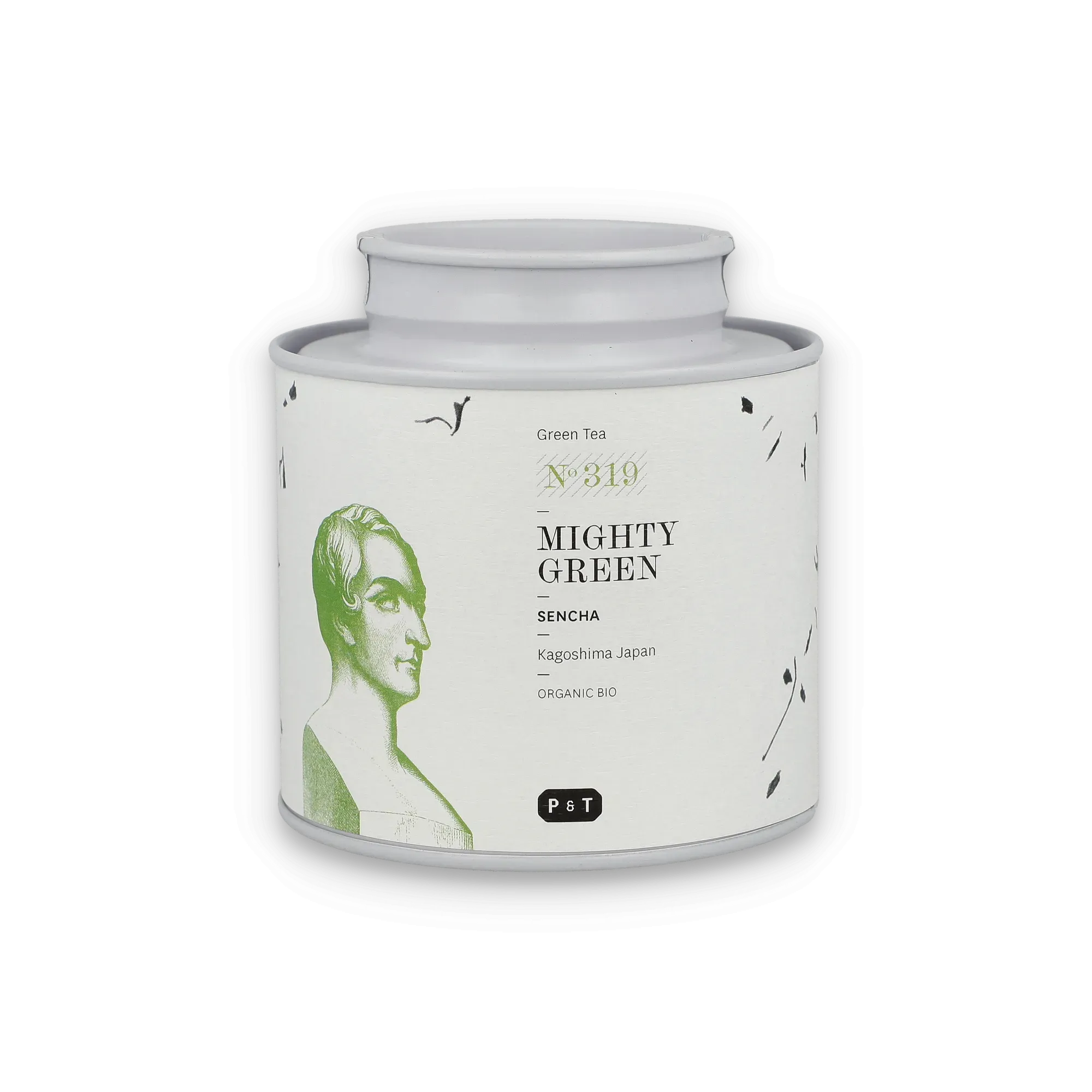 Weiße zylindrische Teedose mit grüner Statue und schwarzem Tintenspritzermotiv, MIGHTY GREEN Sencha Bio-Grüntee