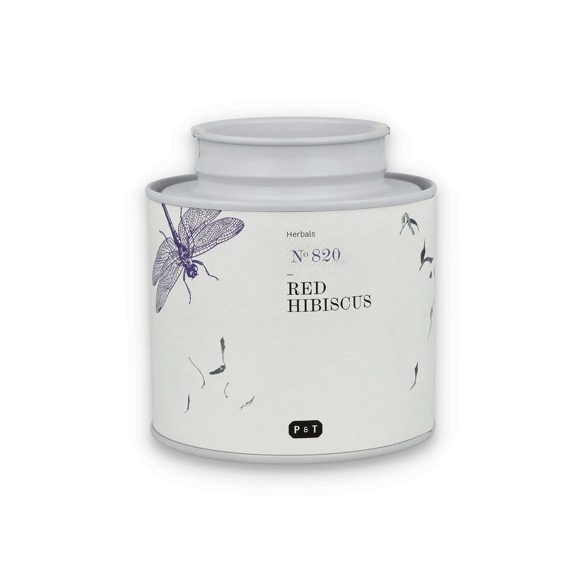 Weißer Behälter mit Libellen-Illustration und Beschriftung: Herbals, N° 820, RED HIBISCUS, P & T